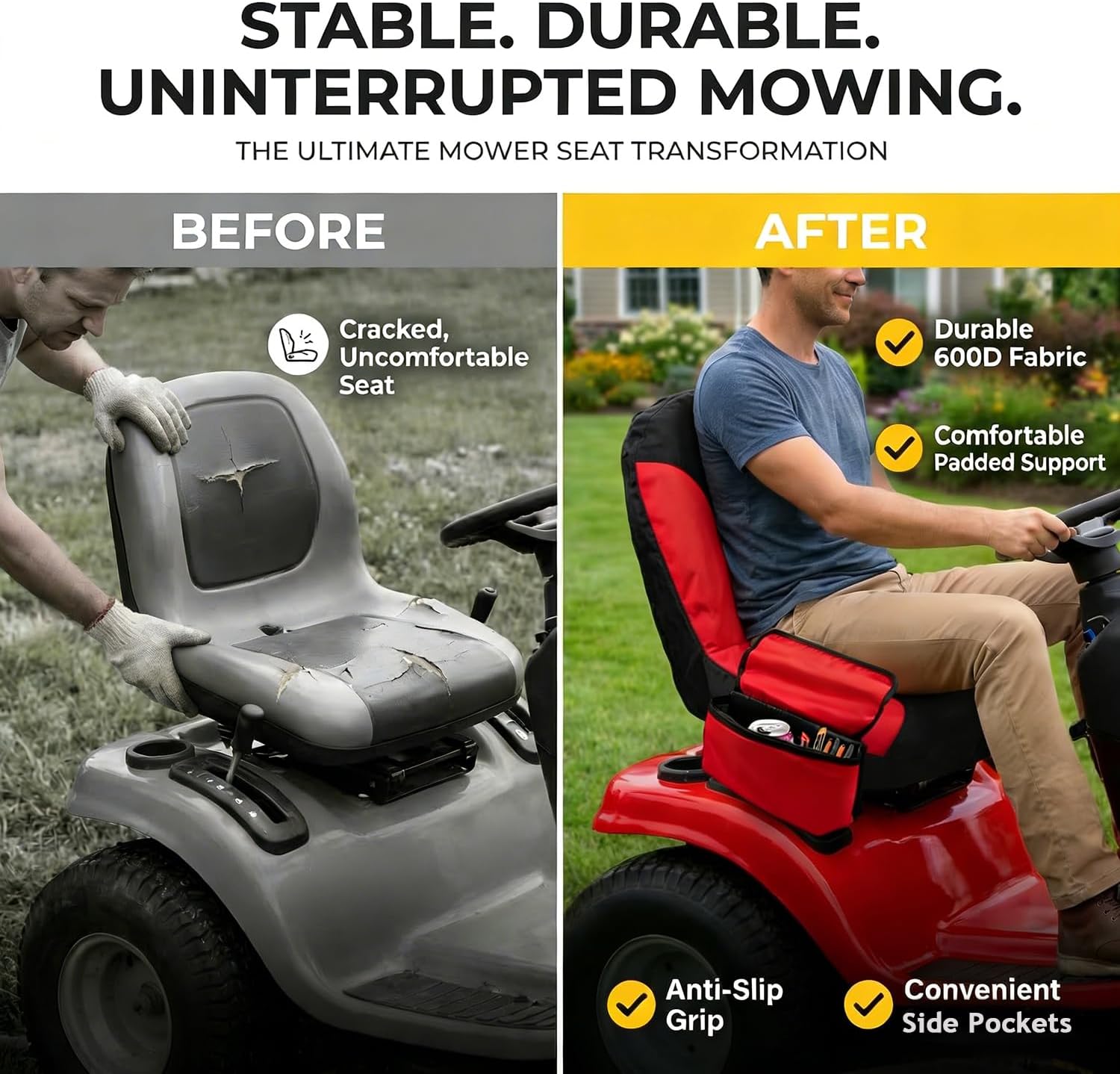 Lawn Mower Seat Cover, Anti-Slip Tractor Seat Cover, Universal Fit for John Deere, Craftsman, Cub Cadet,Kubota Riding Mower(Large,Black&Red)
