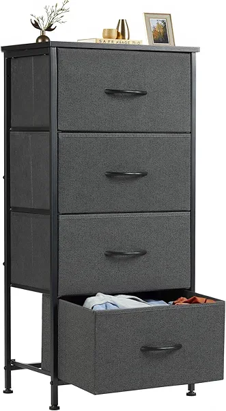 Sweetcrispy Nightstand Small Bedroom Dresser with 4 Fabric Drawers,Bed Side Furniture End Table, Wooden Top Cabinet Night Stand Dresser for Closet, Entryway, Dorm, Grey