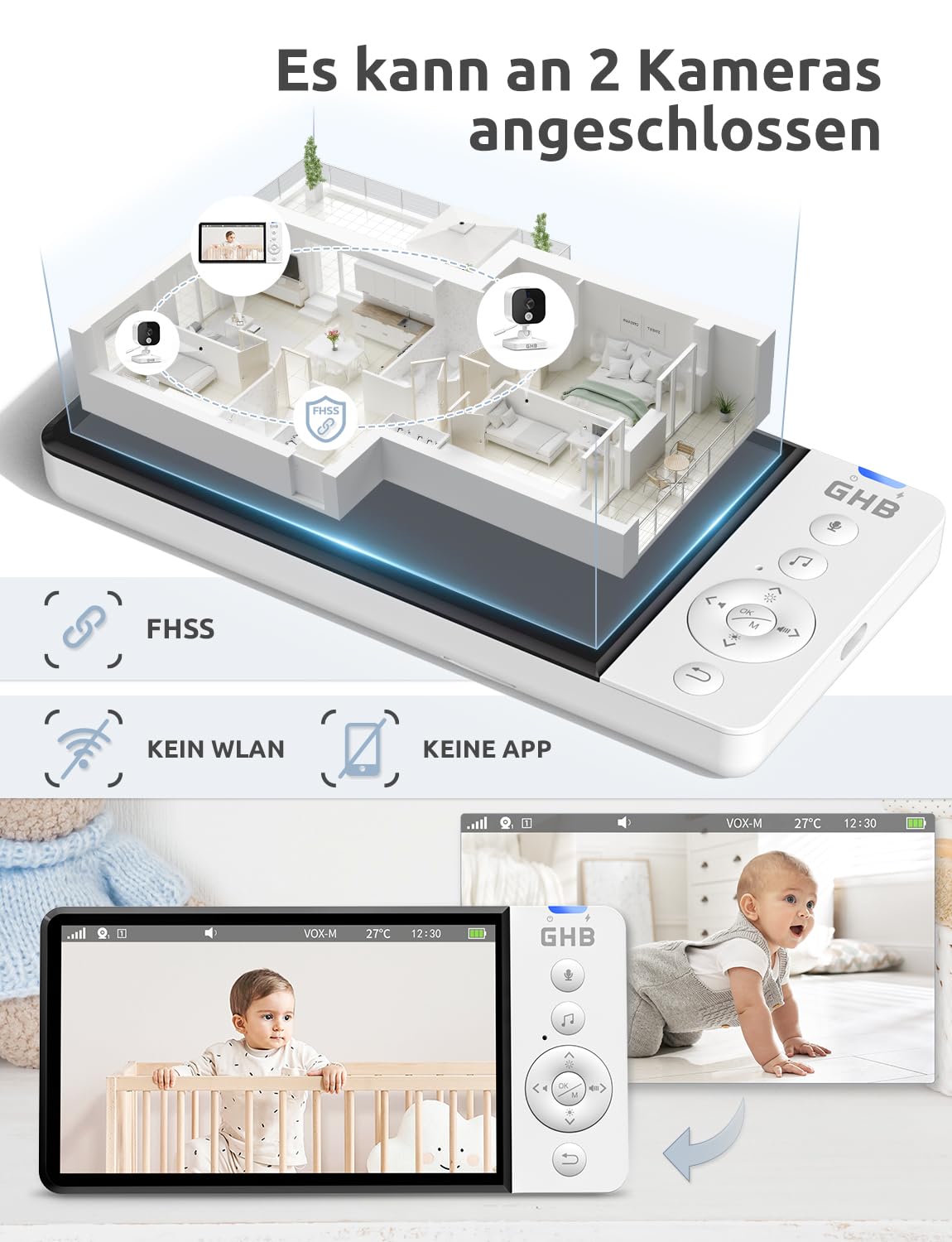 GHB Babyphone mit Kamera 5 Zoll HD 5000mAh IPS-Display VOX-Modus 4X Zoom Nachtsicht Temperaturanzeige Zwei-Wege-Audio 720P Nicht drehbar