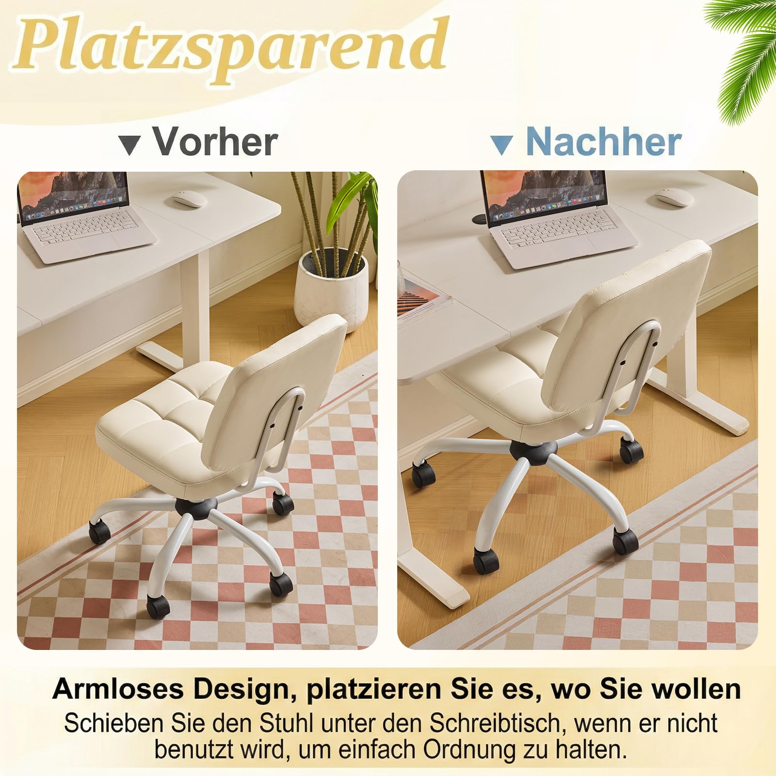 Bonnlo Bürostuhl ohne Armlehne, Kleiner komfortabler schreibtischstuhl mit Rollen, Drehstuhl Höhenverstellbar für Büro, Schlafzimmer, Arbeitszimmer, Schminkstuhl aus Leder, Weiß