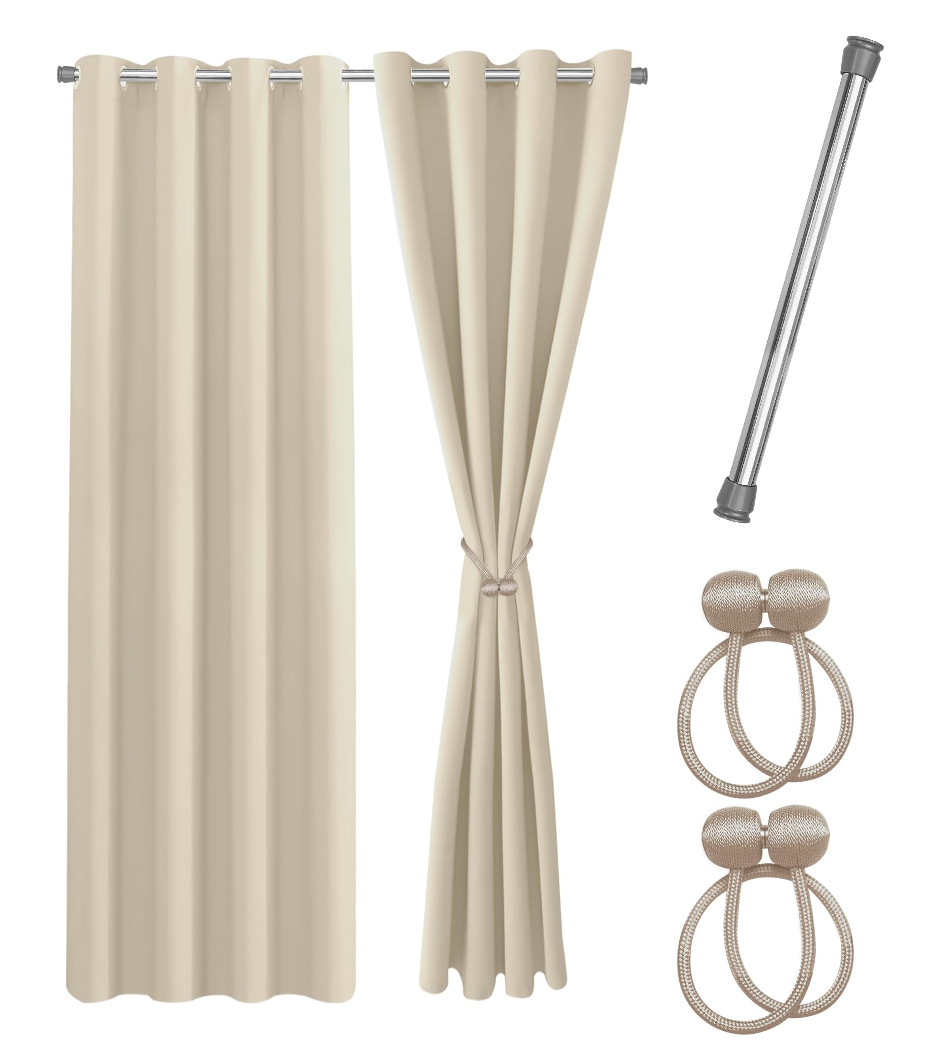 Cozyor Praktisches Set ohne Bohren: 2X Vorhang + 1x Klemmstange Silber 111-200 cm + 2X Raffhalter mit Magnet Blickdicht & verdunkelnd, als Raumteiler, Fenster & Tür Beige Thermovorhang 240x135cm