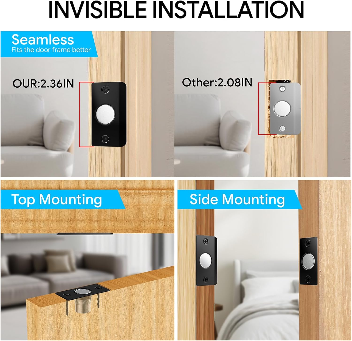 Mousike Door Ball Catch Hardware, Adjustable Hidden Magnetic Ball Catch, Stainless Steel Strike Plate with Strong Suction, Door Ball Catch Replacement for Top of Door(2 Pack, Black)