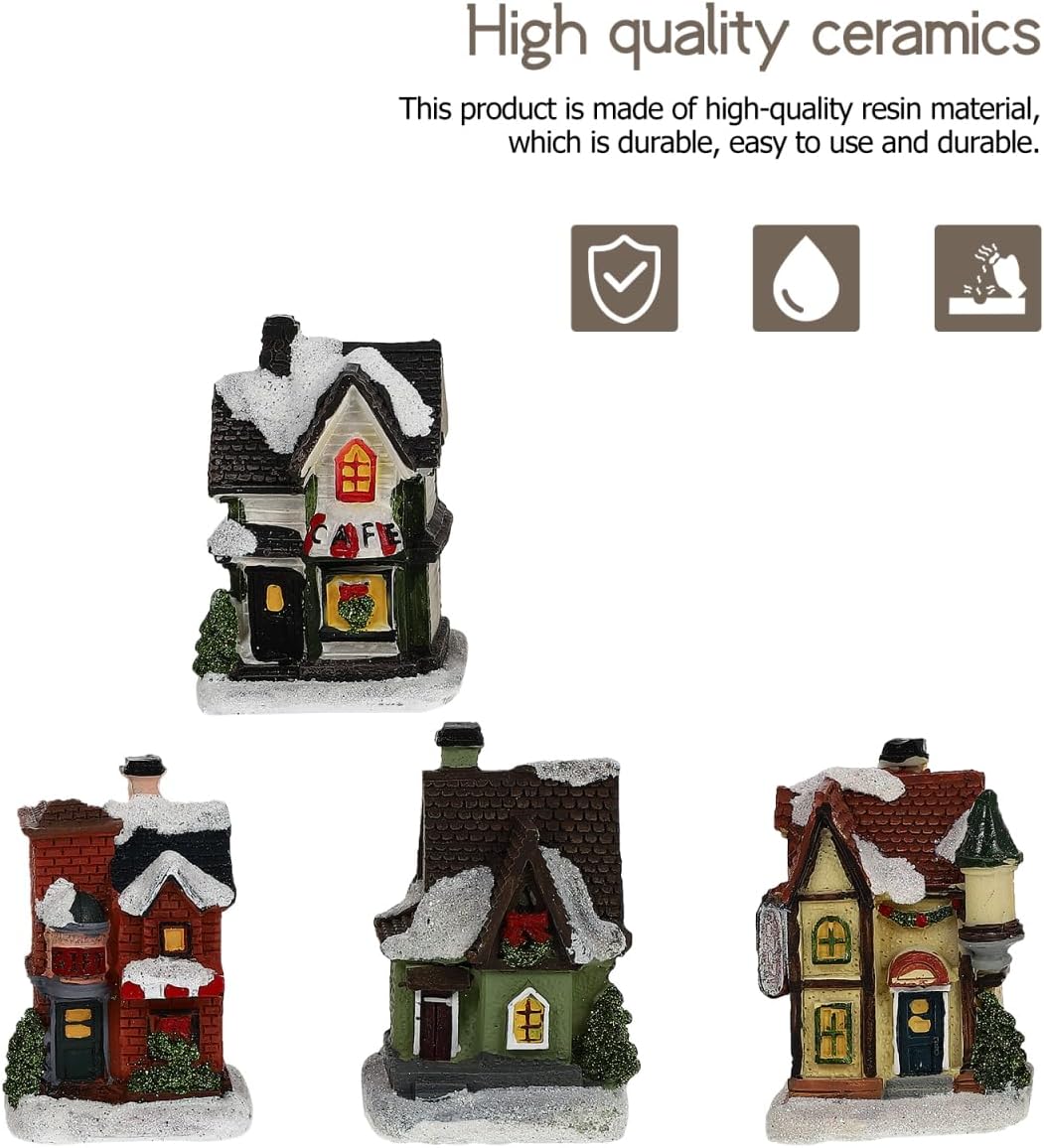 4 Pcs Christmas Village Sets：Lighted LED Christmas Village Figurines Decoration Set - Miniature Holiday House Decorations for Xmas Town Scene Desk Landscape Decor（Resin）