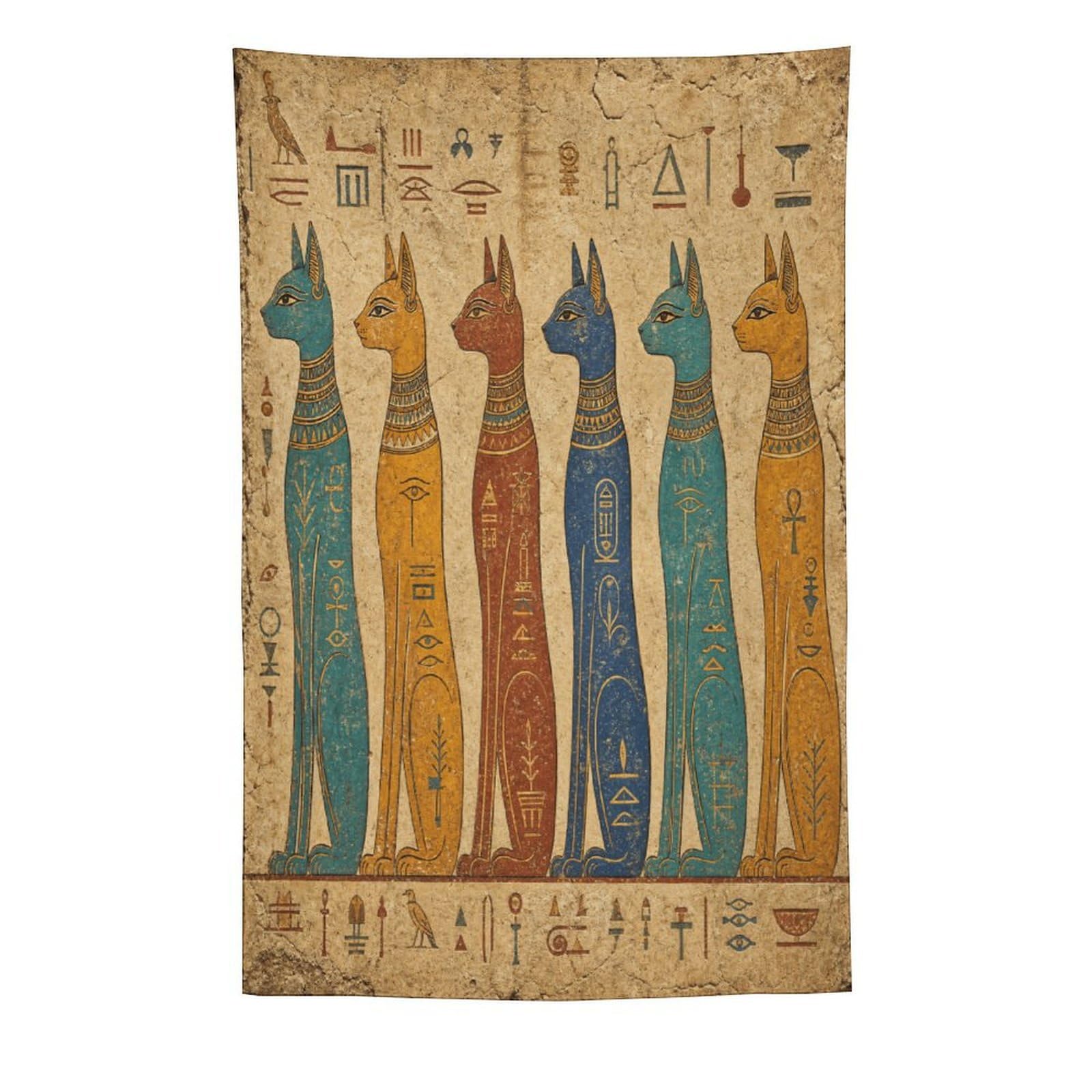 W7C8U2X3 Egyptian Cat Row Wall Tapestry, Egyptian Papyrus, Hieroglyphic