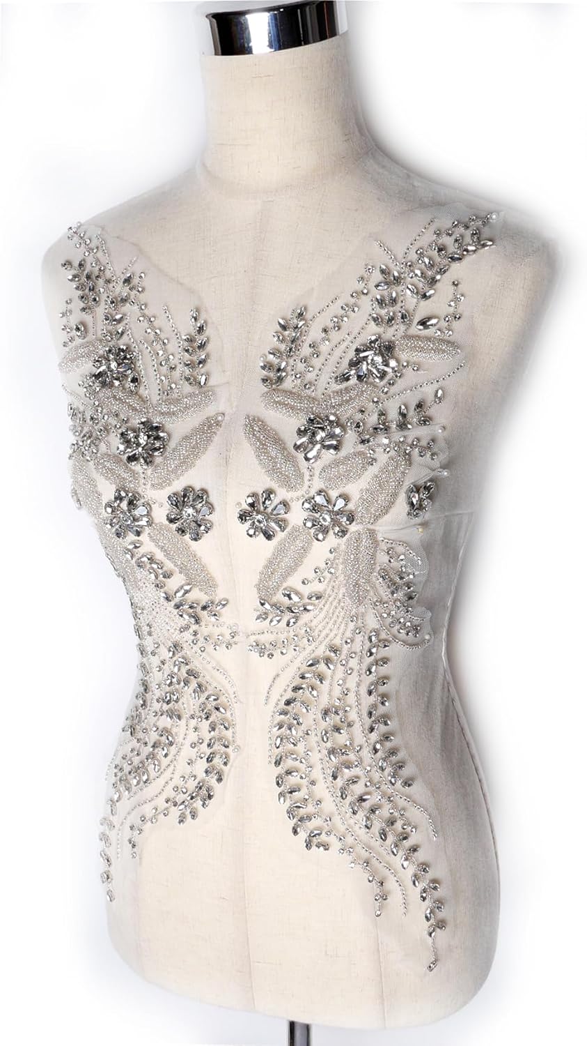 Silver Rhinestone Applique,Beaded Appliques Embellishments,sew on for Dresses,Banquet Evening Gown, Photograph Shot,scrafts Decoration,Performance Leaves Flowers Applique (Silver, 2401)