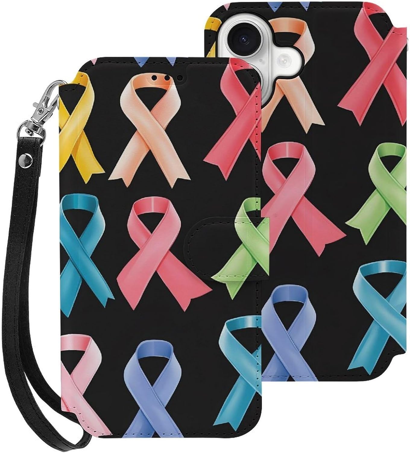 Cancer Awareness Ribbons Compatible with iPhone 16/16 Plus/16 Pro/16 Pro Max/16 E Case Phone Wallet Card Holder Flip Cover with Wrist Strap