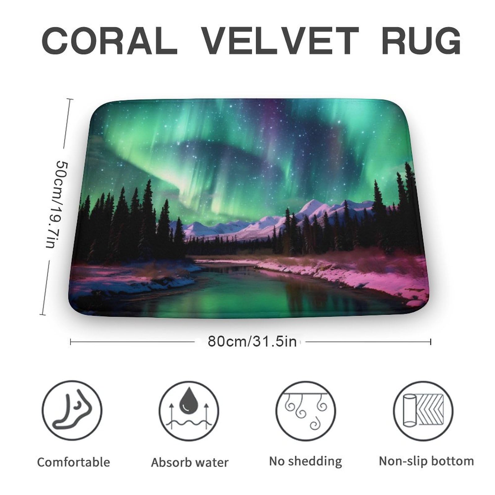 Aurora Scenery Coral Velvet Rugs Non-Slip Bathroom Rugs Soft Kitchen Rug Floor Carpet for Home Decor 19.7