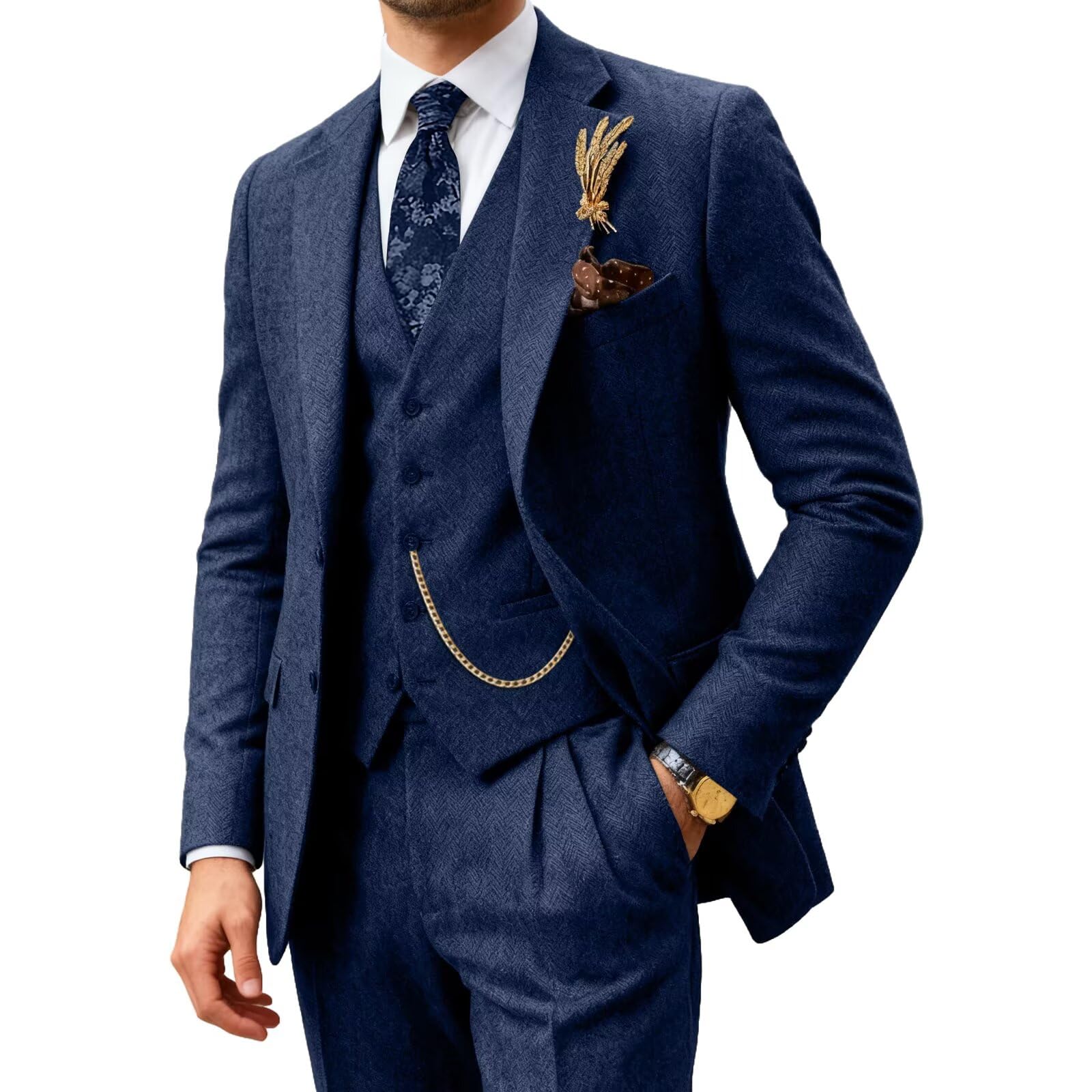 Photo 1 of Vintage Men's 3 Piece Suit Herringbone Tweed Checkered Blazer Vest Pants Wool Tuxedos Wedding Grooms Tweed Jacket Navy Blue-XXL