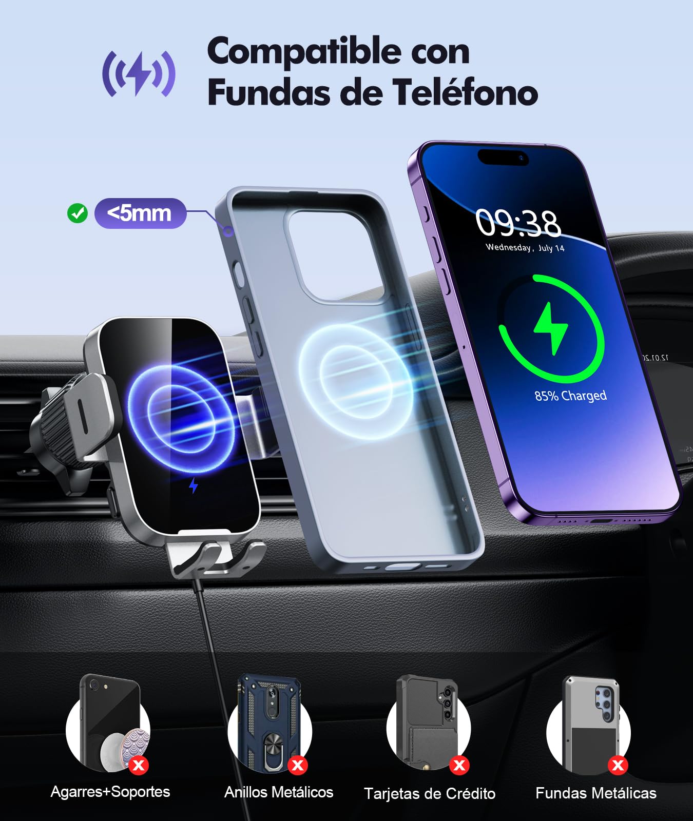 ISEYOU Cargador Inalambrico Coche, [Sujeción Automática] 15W Soporte Movil Cargador Inalámbrico Coche 360° Rotación & QC 3.0 Carga Rápida Compatible con iPhone 17 16 15 Pro MAX, etc