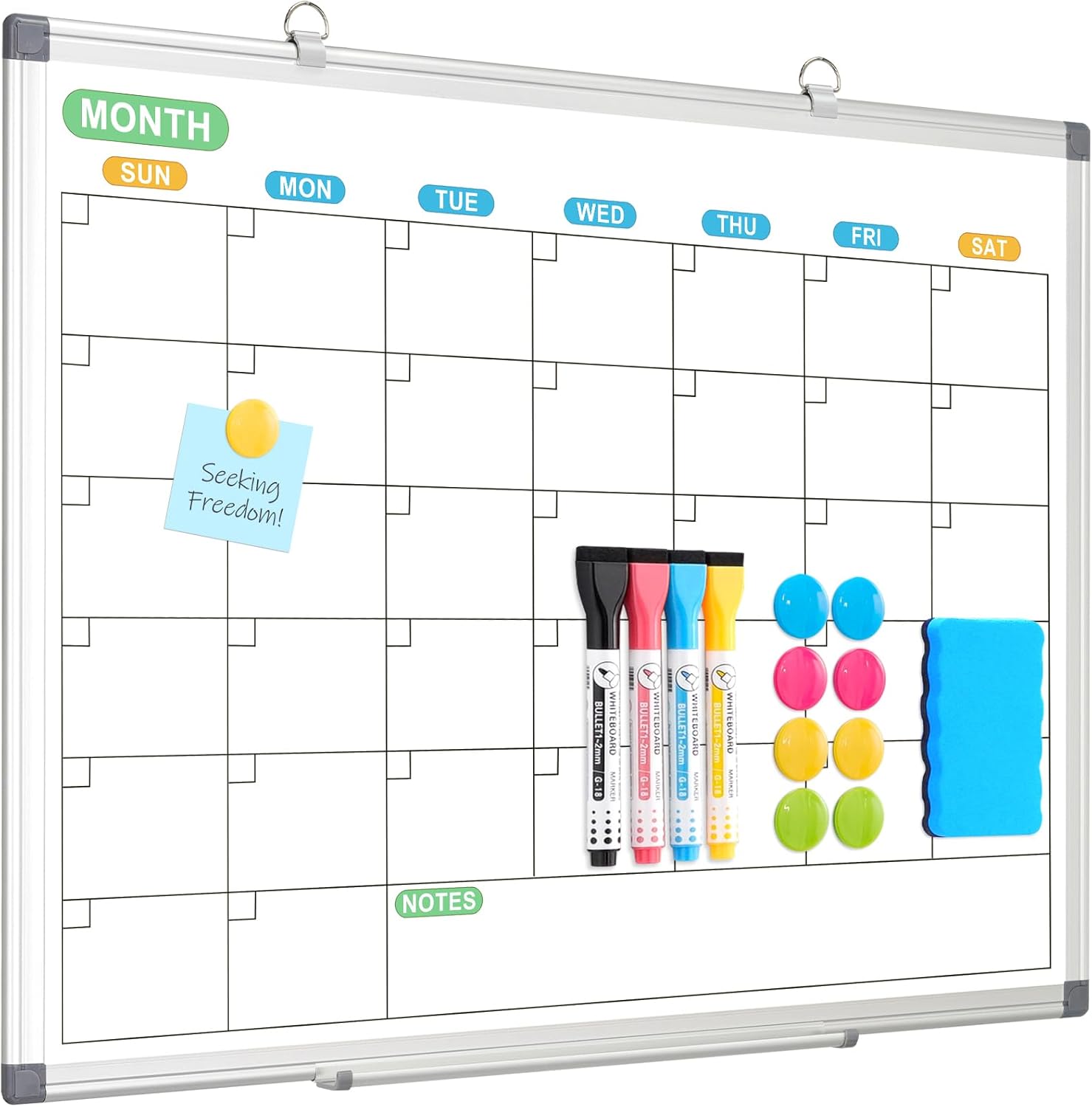 WALGLASS Weekly Dry Erase Calendar Whiteboard for Wall, 24" x 18" Double-Sided Weekly Planner White Board with Notes, Daily Tracker, Aluminum Framed Hanging & Wall Mount for Home, Office, School