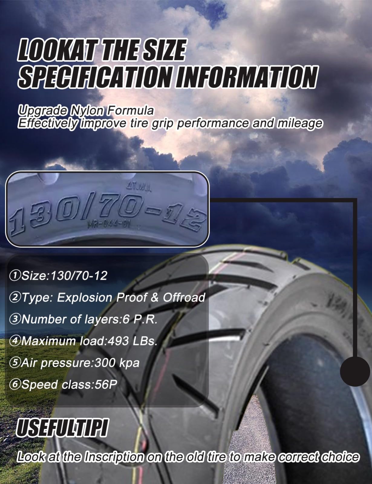 Neumático tubeless 130/70-12 para scooter, 56P 6 P.R., llanta de 12", capacidad de carga: 224 kg