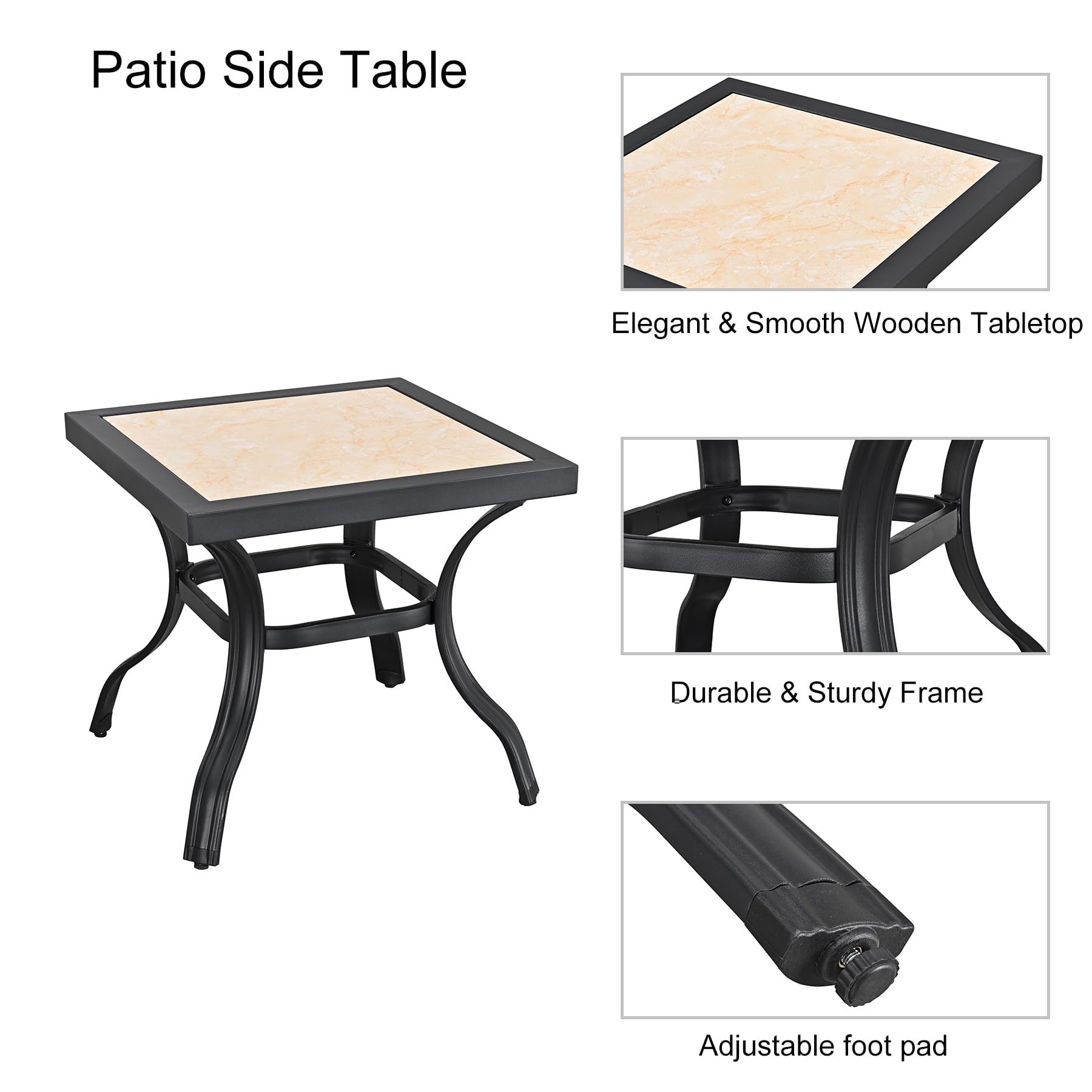 LOKATSE HOME Table de salle à manger carrée d'extérieur avec pieds en acier et plateau en céramique Noir 53,3 cm