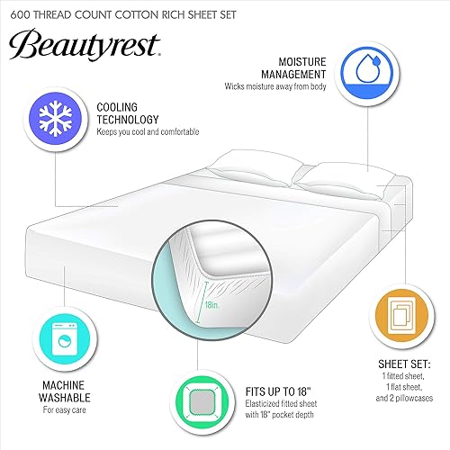 Miniatura 6 de Beautyrest BR - Juego de sábanas de mezcla de algodón refrescante de 600 hilos con bolsillo profundo de 16 pulgadas, para todas las estaciones,