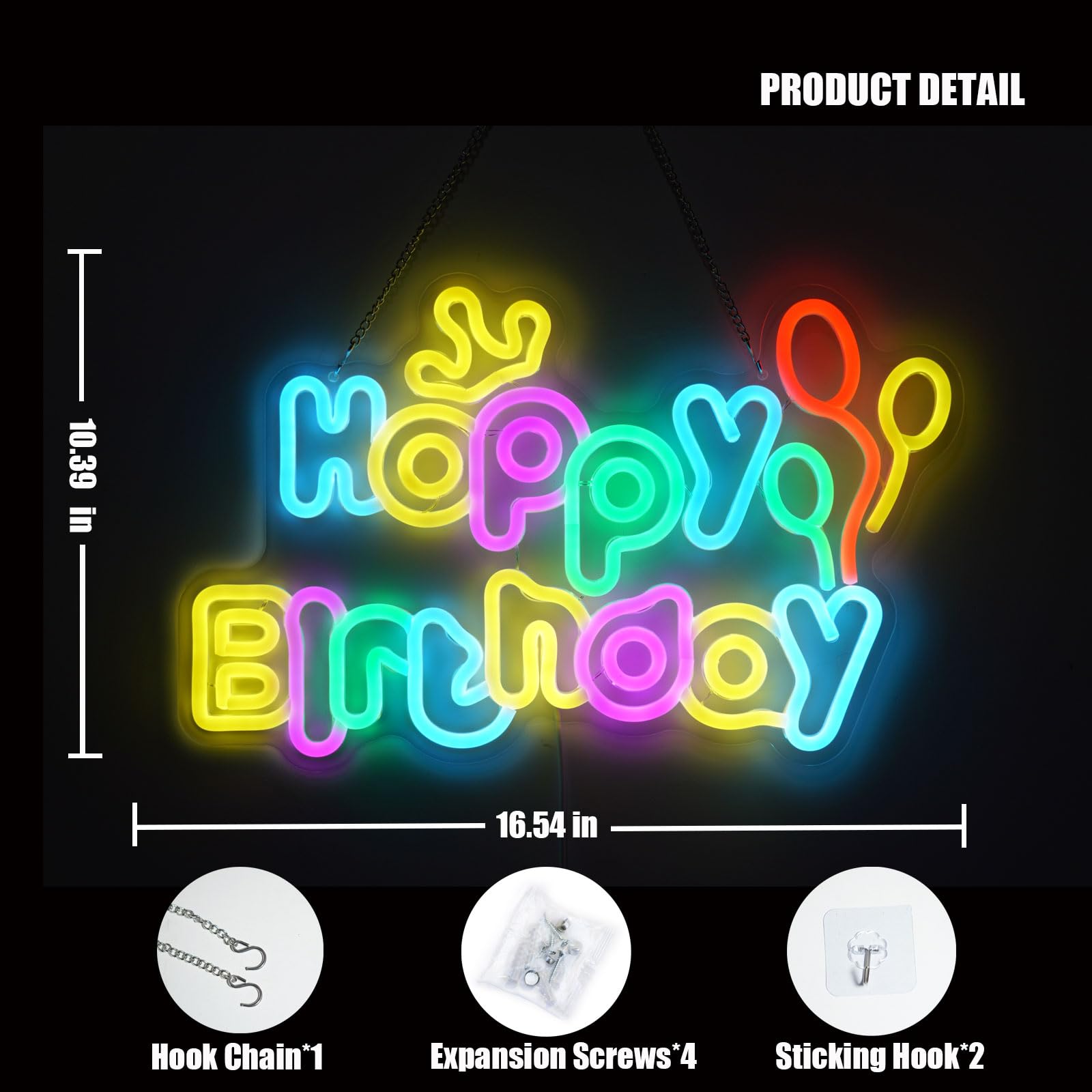 Neonowe znaki Happy Birthday, zasilane przez USB, ściemniane kolorowe światła LED na tło, dekoracja ścienna, przyciągający wzrok znak urodzinowy na imprezy, niezapomniane prezenty, wymiary