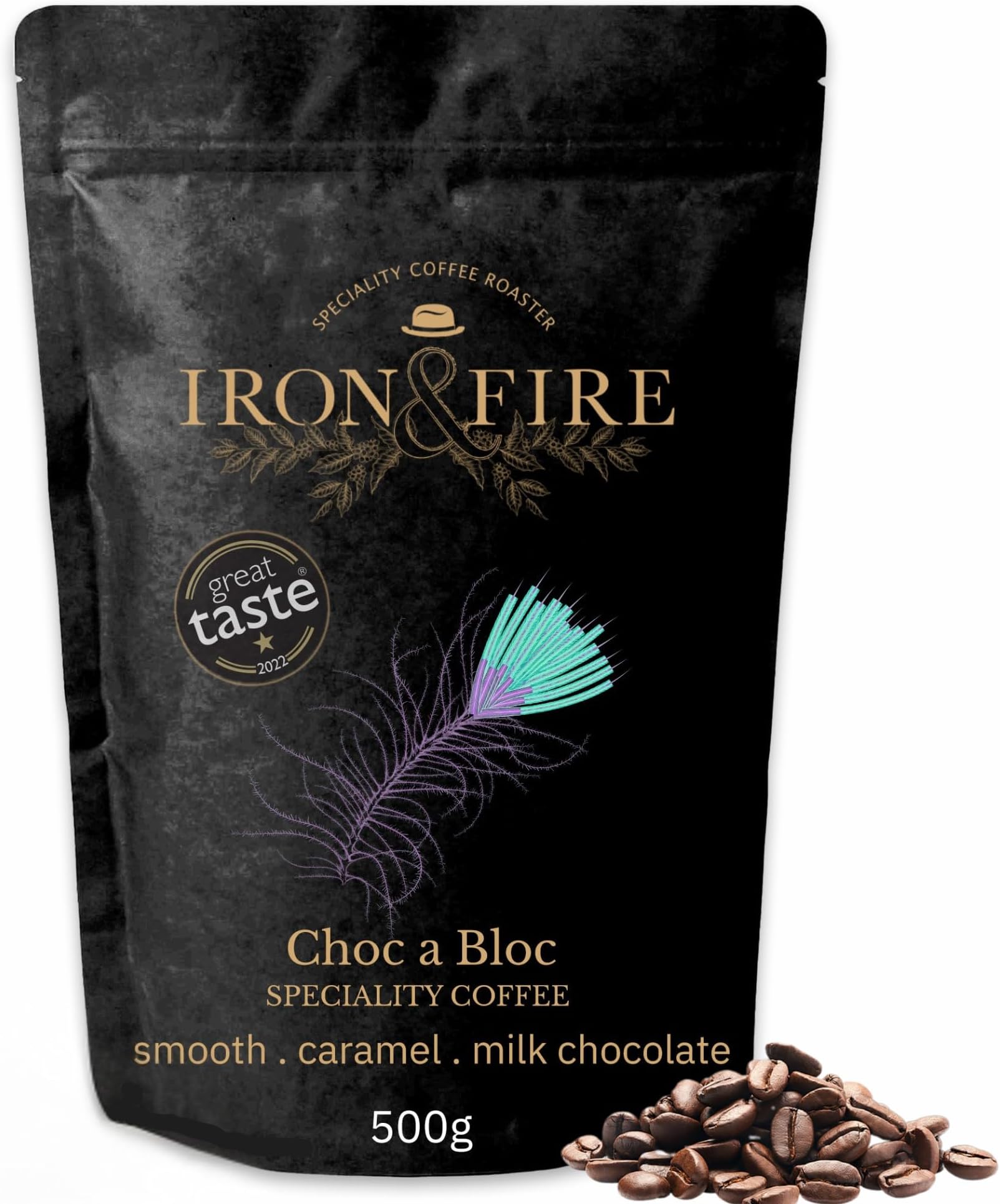 Choc a Bloc 500g Whole Beans โ Elevate Your Coffee Ritual with Award-Winning Central American Coffee, Infused with Milk Chocolate, Caramel & Vanilla Notes โ Ideal for Fresh Grind Lovers โ IRON & FIRE