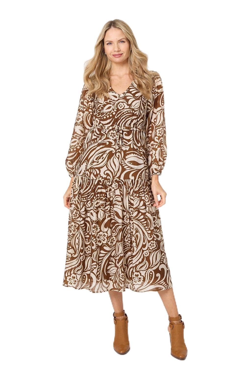 Izabel London Women's Brown Printed Layered Long Sleeve Maxi Dress In | Size: 10