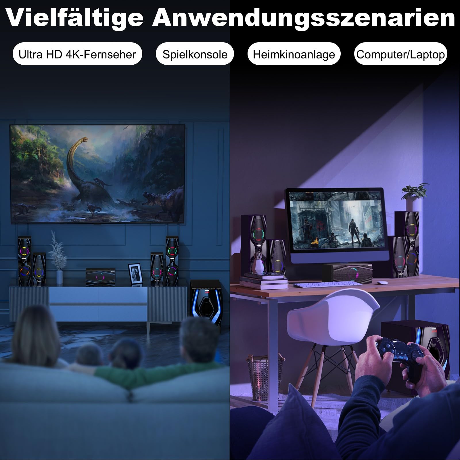 Bobtot Heimkino-System mit Surround-Sound-Lautsprechern, 1200 Watt | 10" Subwoofer, 5.1 Soundsystem mit Umgebungslicht, tiefen Bässen, ARC, optischem Bluetooth-AUX-Karaoke-Eingang für Fernseher