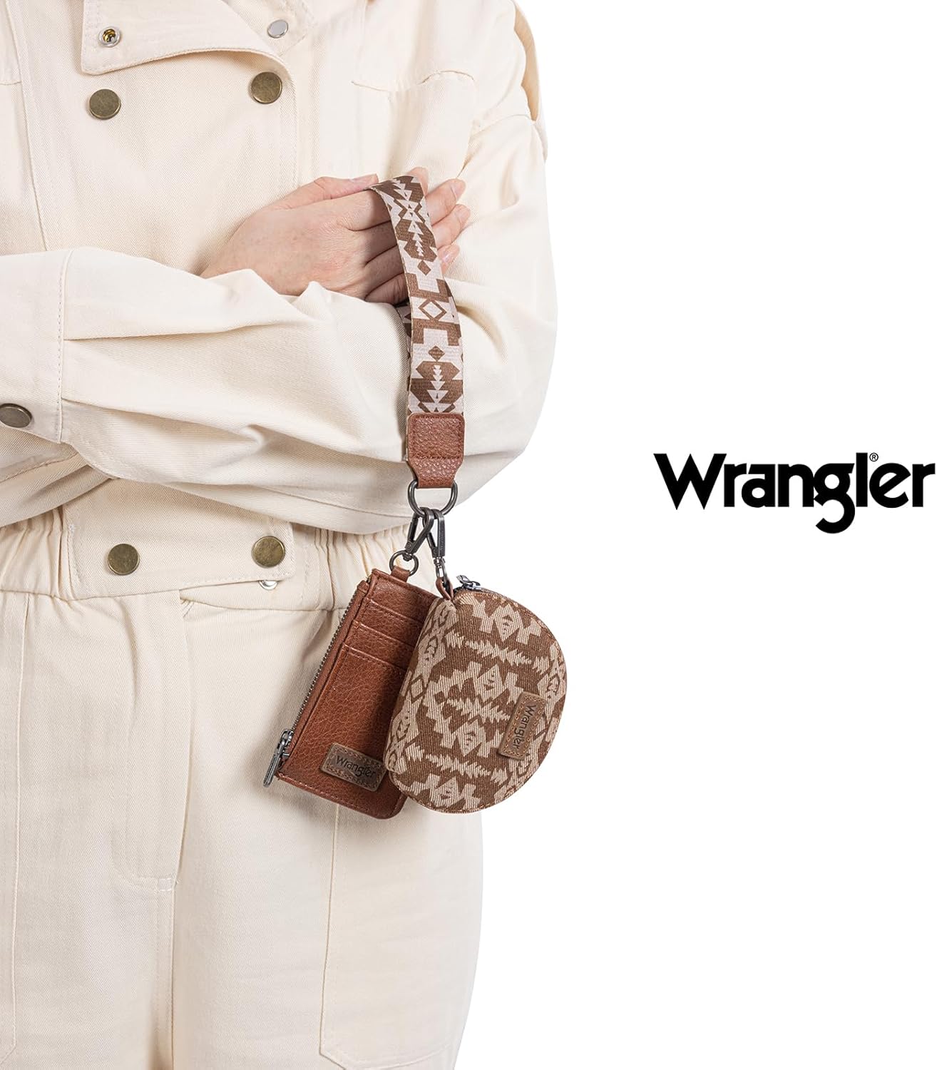Wrangler Aztec Keychain Wristlet Wallets for Women Western Dual Pouch Wristlet Credit Card Holder Wallet with Zipper Pocket WG2212-W0051BR - Image 2