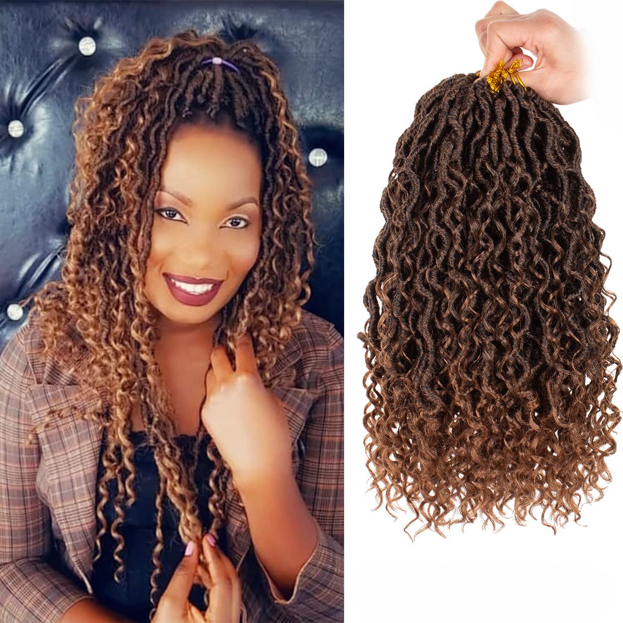 ZRQ 8 Packs Ombre Goddess Locs Crochet Hair 14 Inch Boho Faux Locs Croceht Braids Synthetic Hair,Ombre Boho Faux Locs Pre Looped Soft Locs With Curly
