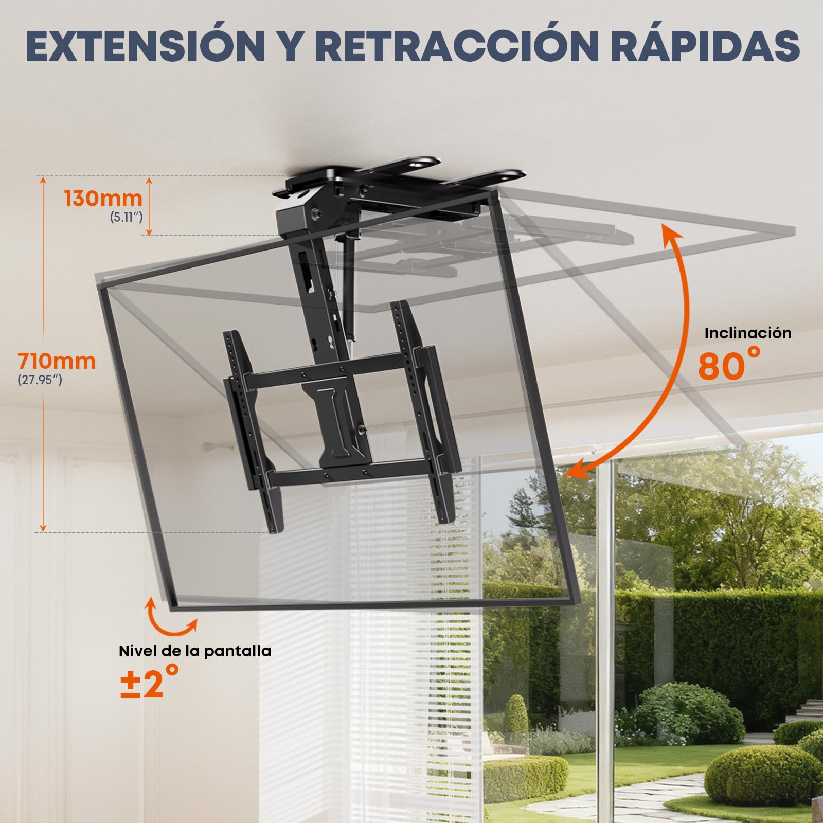 Soporte TV Techo Motorizado 37–75" – Elevador TV Eléctrico Abatible, Mando a Distancia, 45 kg de Carga, VESA 600×400mm, Negro