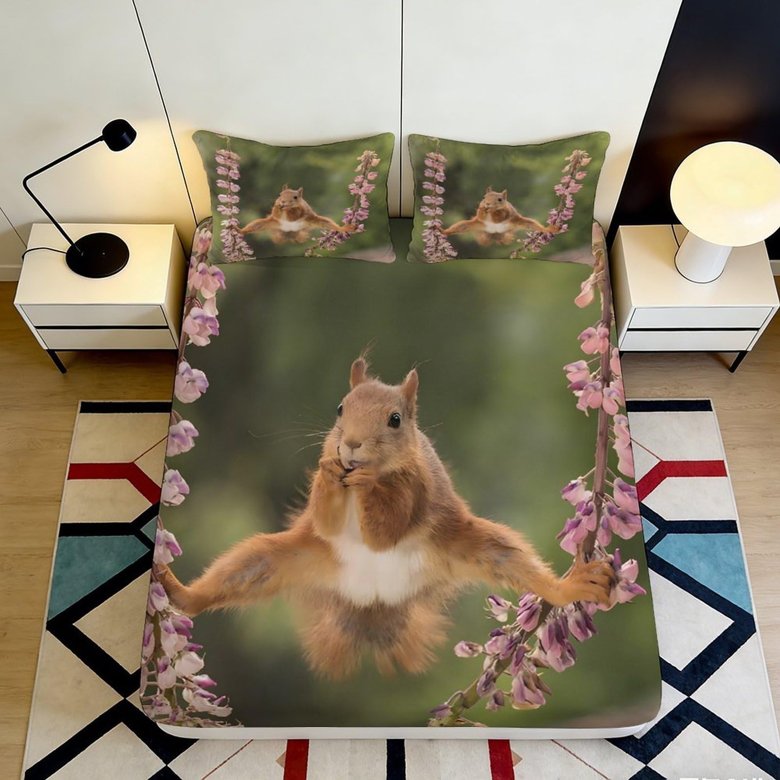 3D Printed Squirrel Fitted Sheet Microfiber Soft Breathable Flower Branch Bed Cover for Bedroom Dormitory Guest Room Mattress Protection Decor 90x200x25cm