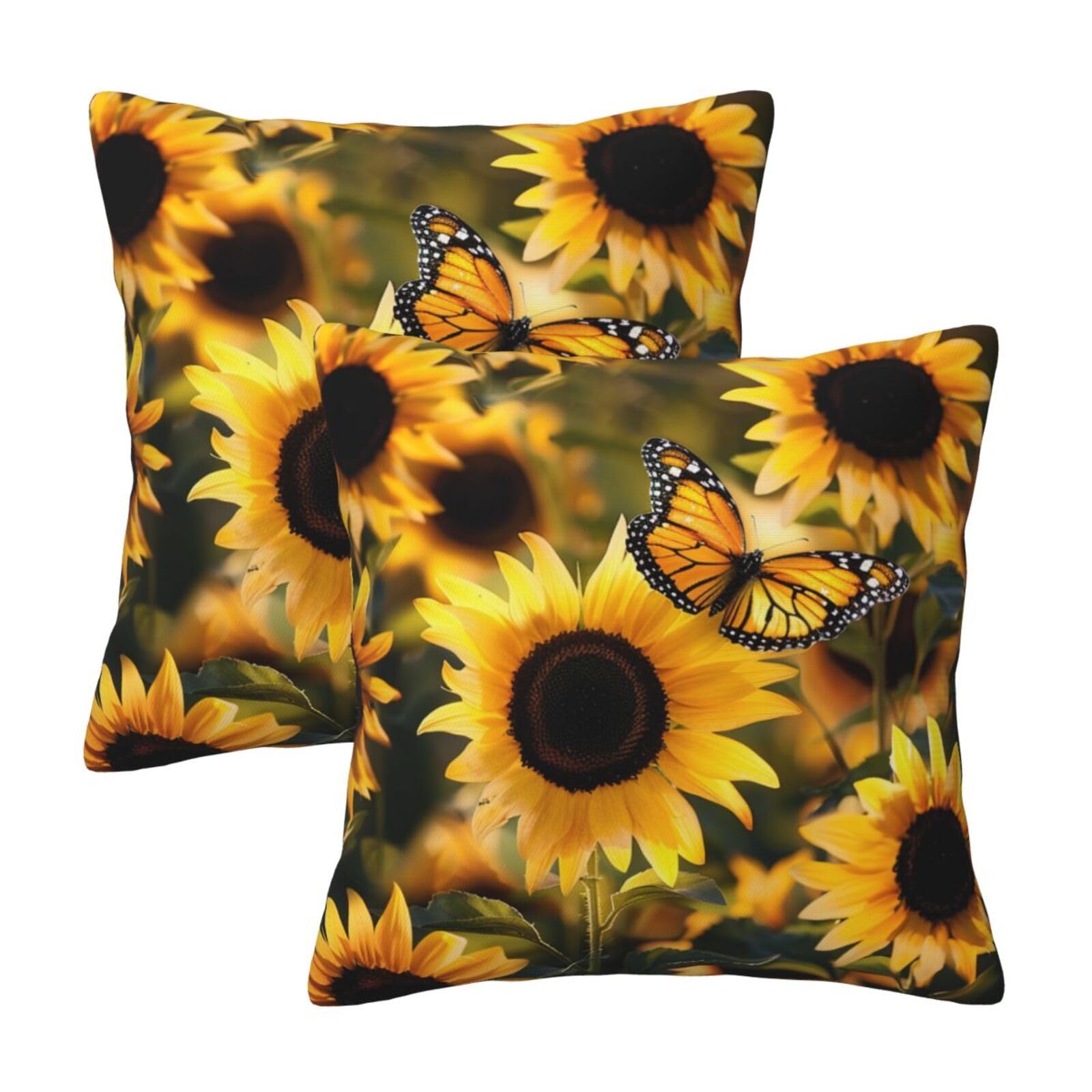 kkvhhyuo Sunflower Blooming Flowers Plants Butterfly Print Pillow Covers Set of 2, Square Decorative Cushion Covers with Hidden Zipper, Throw Pillow Cases for Living Room Sofa Bed Chair, 50x50 cm
