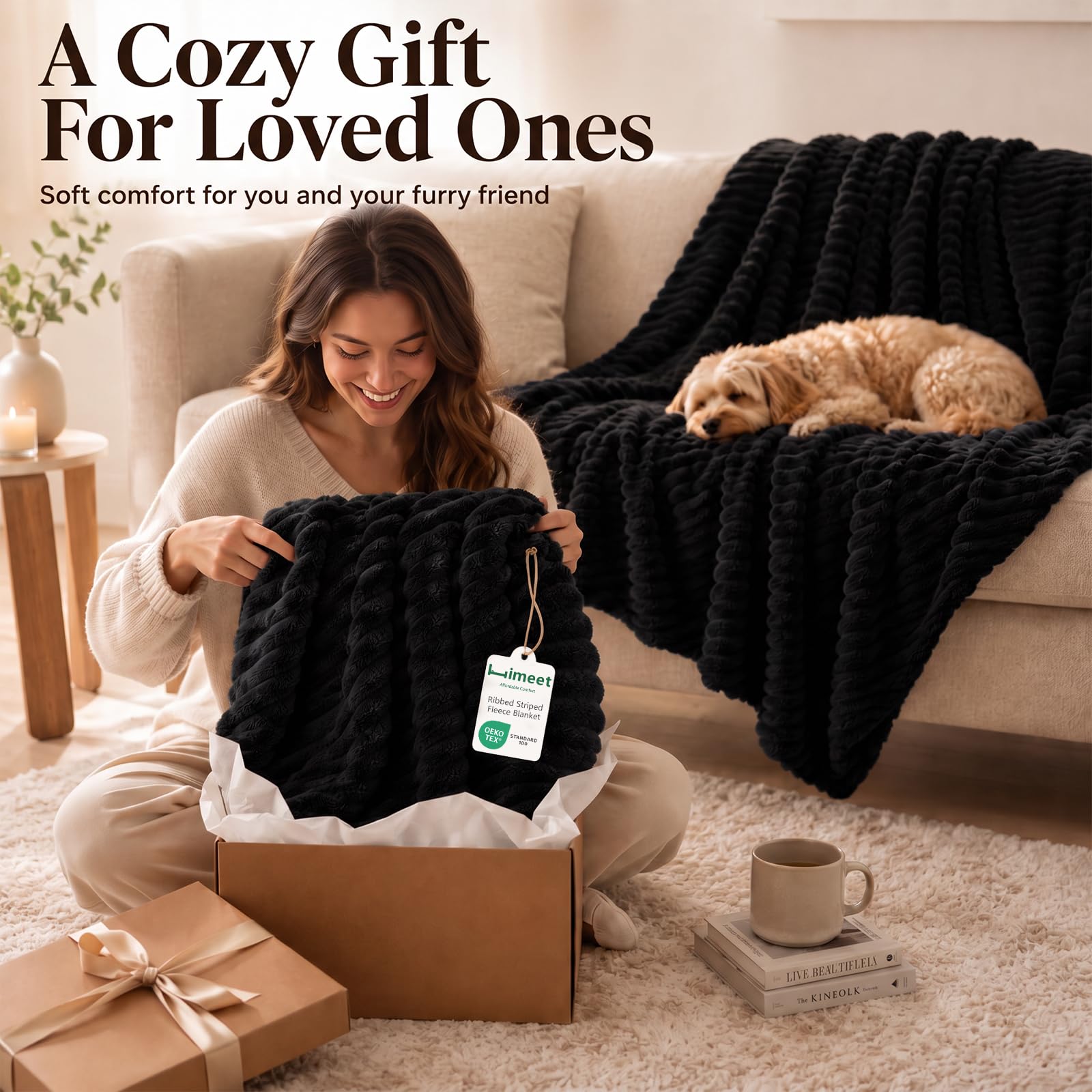 HIMEET Black Throw Blanket for Couch, 300GSM Ribbed Fleece, 50 x 60 Inches view 7