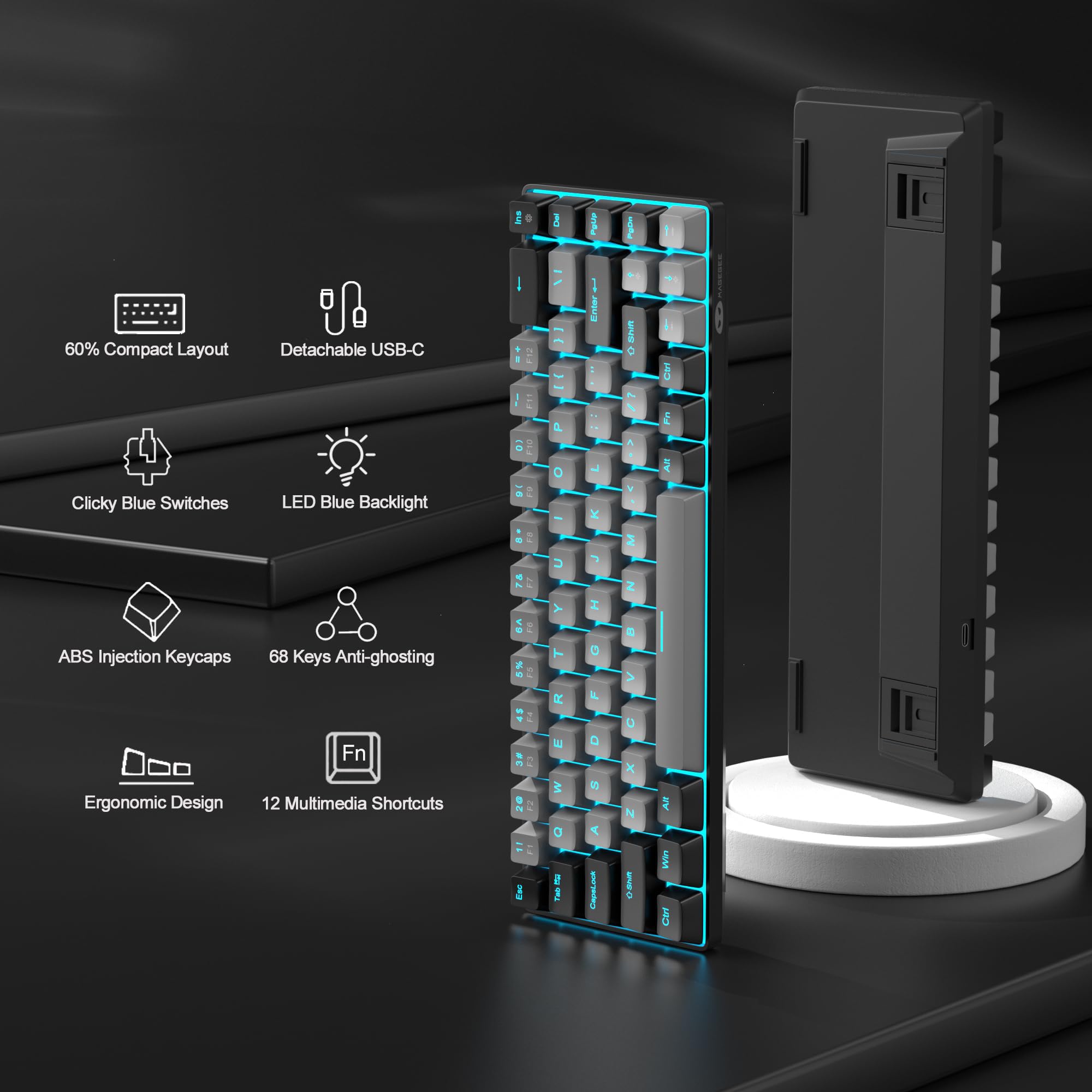 MageGee Teclado mecánico portátil 60%, MK-Box retroiluminado azul hielo, 68 teclas para juegos y oficina con cable, interruptor azul para Windows, laptop, PC, Mac