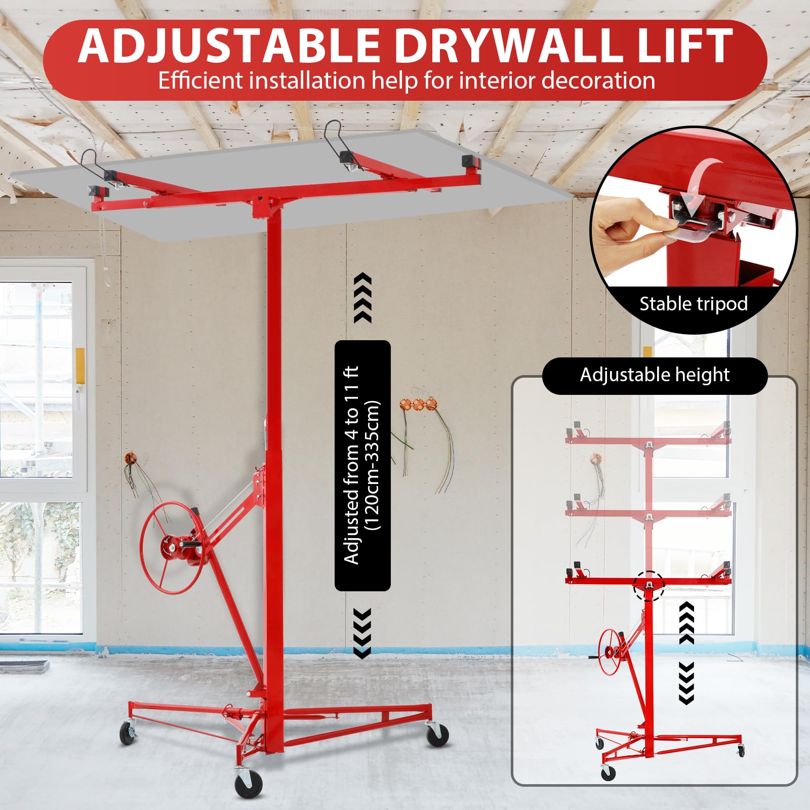 Lève plaque Placo Lève panneaux Plateforme élévatrice inclinable XXL Charge 68kg Hauteur 120-335 cm Ascenseur de plaque Outillage plaquiste Outil Bricolage