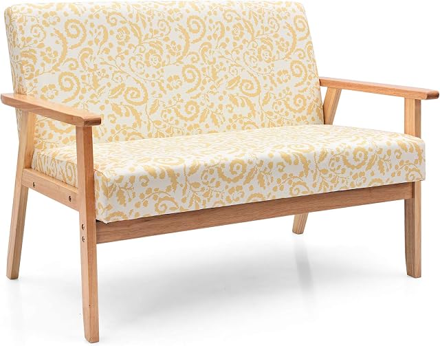 COSTWAY 2-Seater Sofa Chair, Fabric Upholstered Loveseat Couch Lounge Chair with Rubber Wood Armrests, Accent Armchair Guest Sofa Settee for Living Room, Bedroom and Office (Yellow Floral Pattern)