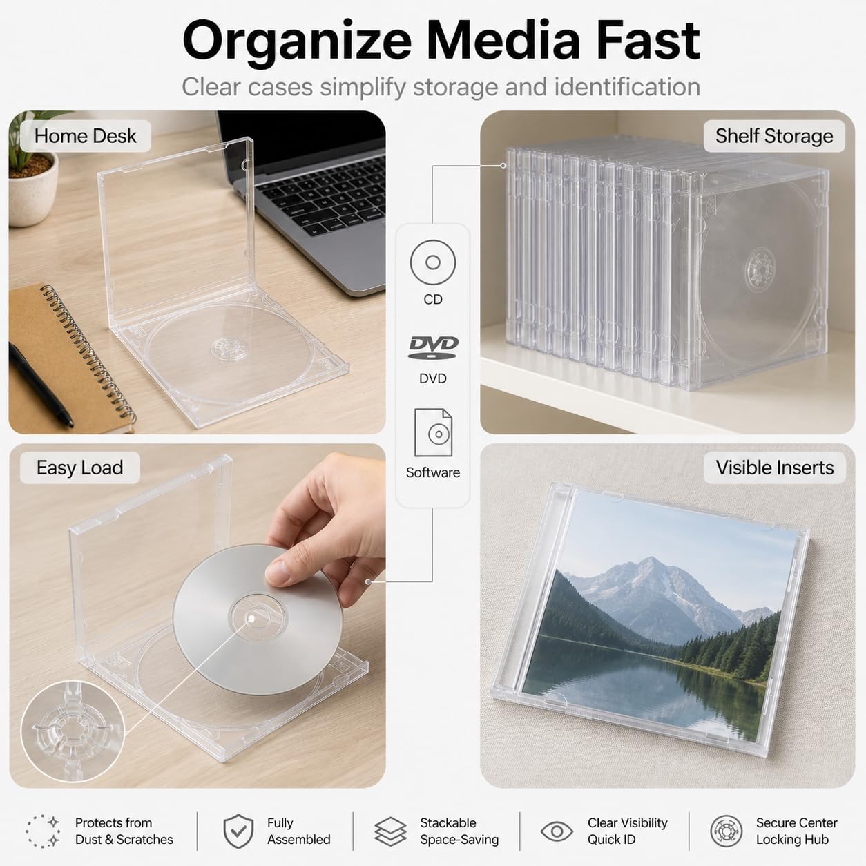 QWORK 25 Pack Standard CD Jewel Cases 10.4mm Clear Single Disc Storage Boxes – Heavy Duty Replacement Covers for Music Albums, Movies & Data – Transparent Protective Cases with Trays