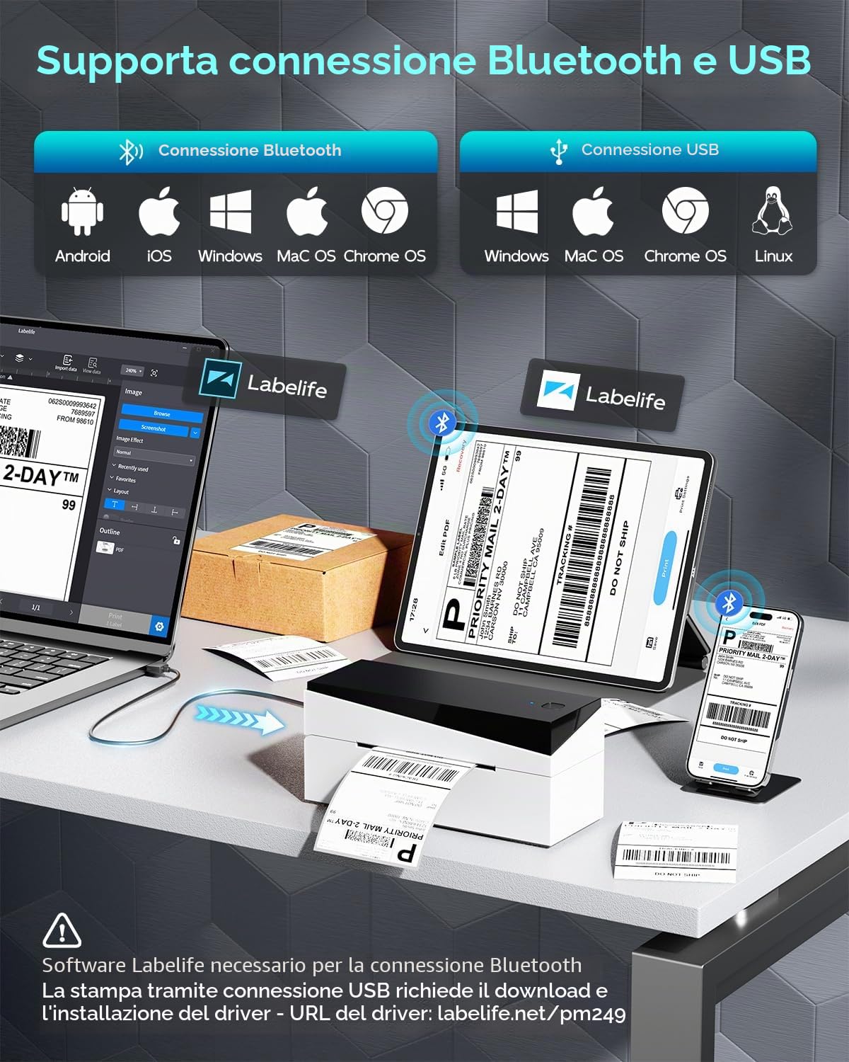 Stampante per etichette termica Bluetooth, stampante per etichette 4x6 per ufficio domestico e business, ampiamente utilizzata per Shopify, Amazon, compatibile con Android, iPhone, Windows