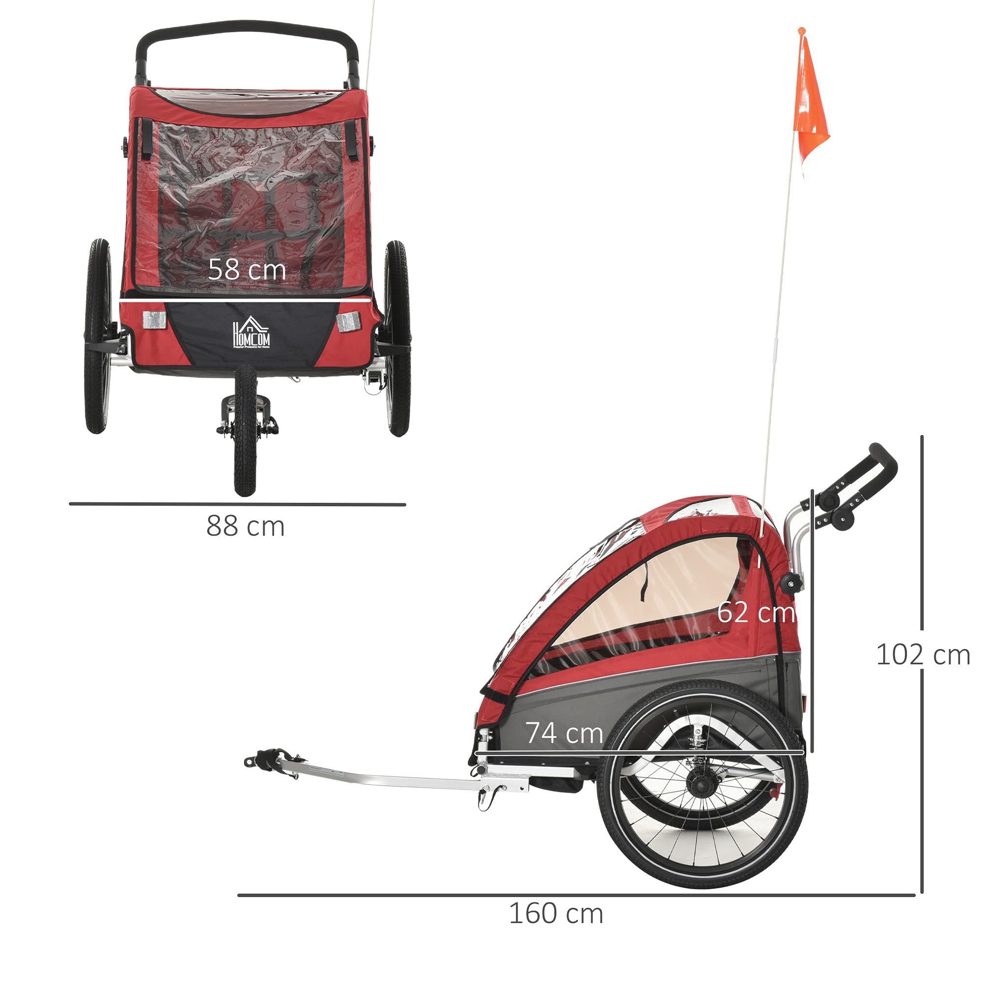 HOMCOM 3 in 1 Kinderanhänger Aluminium Kinder Jogger Fahrradanhänger Radanhänger für 2 Kinder mit Schwingungsdämpfungssystem Aufbewahrungstasche Verstellbarer Lenker