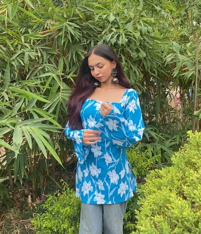 Image of Rayon Floral Print Short Kurti for Women | Square Neck Long Sleeve Top for Women | Criss Cross Back Desing Kurti | Soft Breathable Fabric | Relaxed Fit | Casual and Office Wear