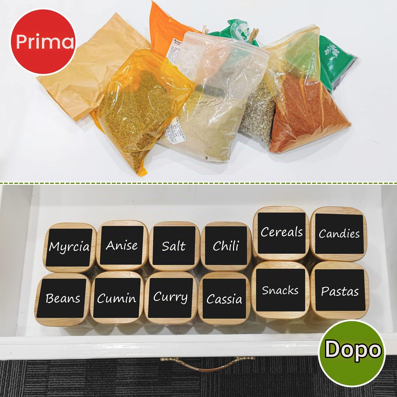 Withosent Set di 12 barattoli per spezie, rettangolari, con coperchio in legno, 430/600 ml, con coperchio, per spezie, tè, noci, cereali