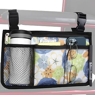 Update Flower Color Wheelchair Bag Side Organizer Storage Armrest Pouch with Cup Holder and Reflective Stripe Use Waterproof Fabric, for Most Wheelchairs, Walkers or Rollators (Blue Rose)