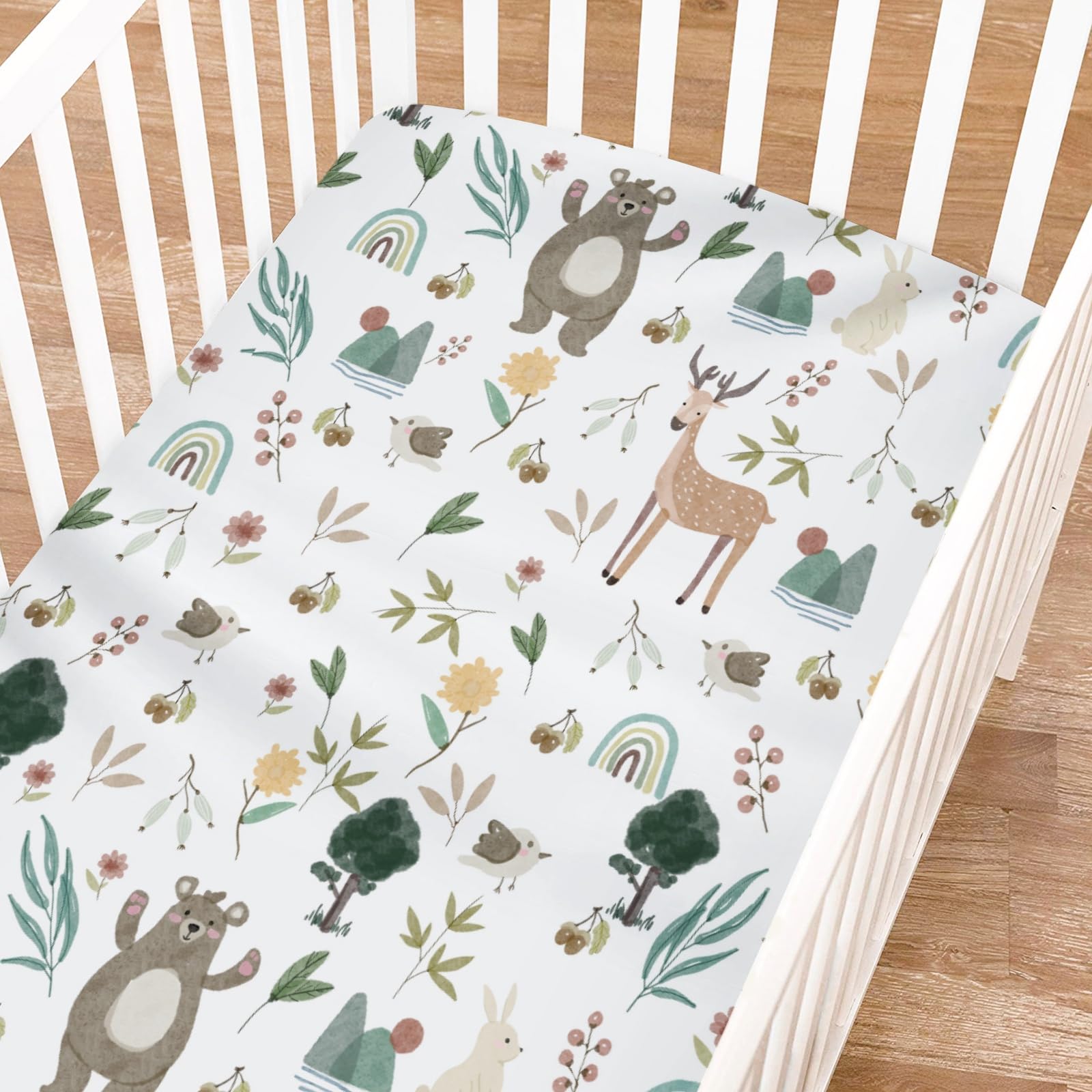 Spring Animals Fitted Baby Crib Sheet for Boys Girls 52"x28" Bear Deer Bunny Birds Trees Flower Leaves Soft Stretchy Nursery Bed Sheets Fits Standard Crib and Toddler Bed Mattresses