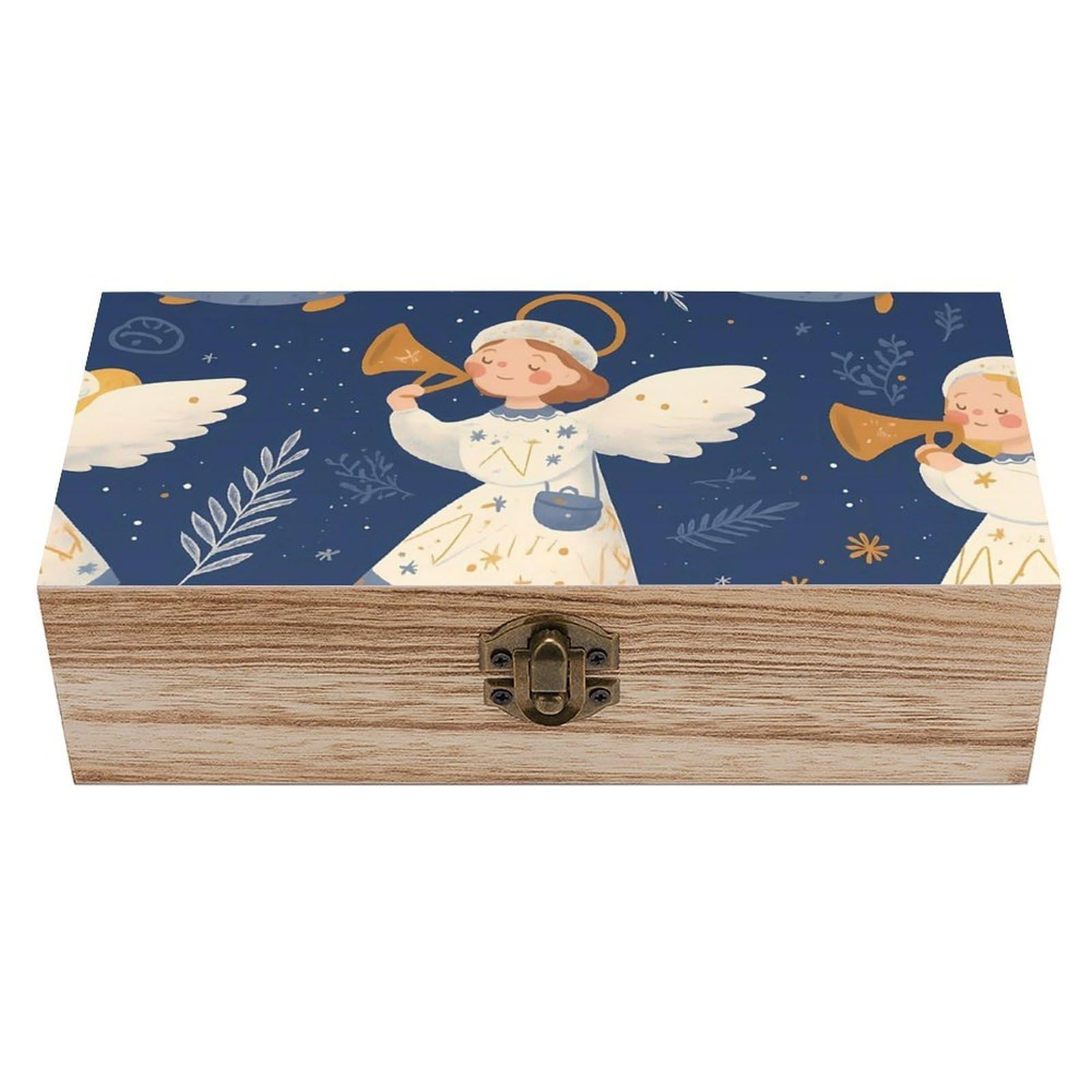 HLBSDM Cute White Navy Blue Xmas Angels Retro Wooden Storage Box Jewelry Art Gift Boxs Decorative Keepsake Boxes