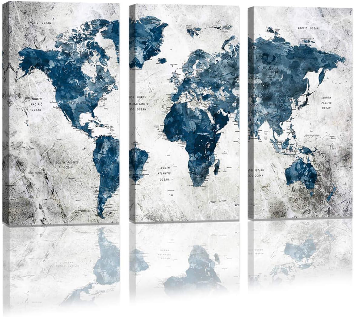 Framed Wall Art Map of the world Watercolor Abstract World Map Wall Decal Large Office Canvas Wall Art Painting for Bedroom Wall Decoration for Living Room 3 piece Blue Artwork for Walls 16x32inch