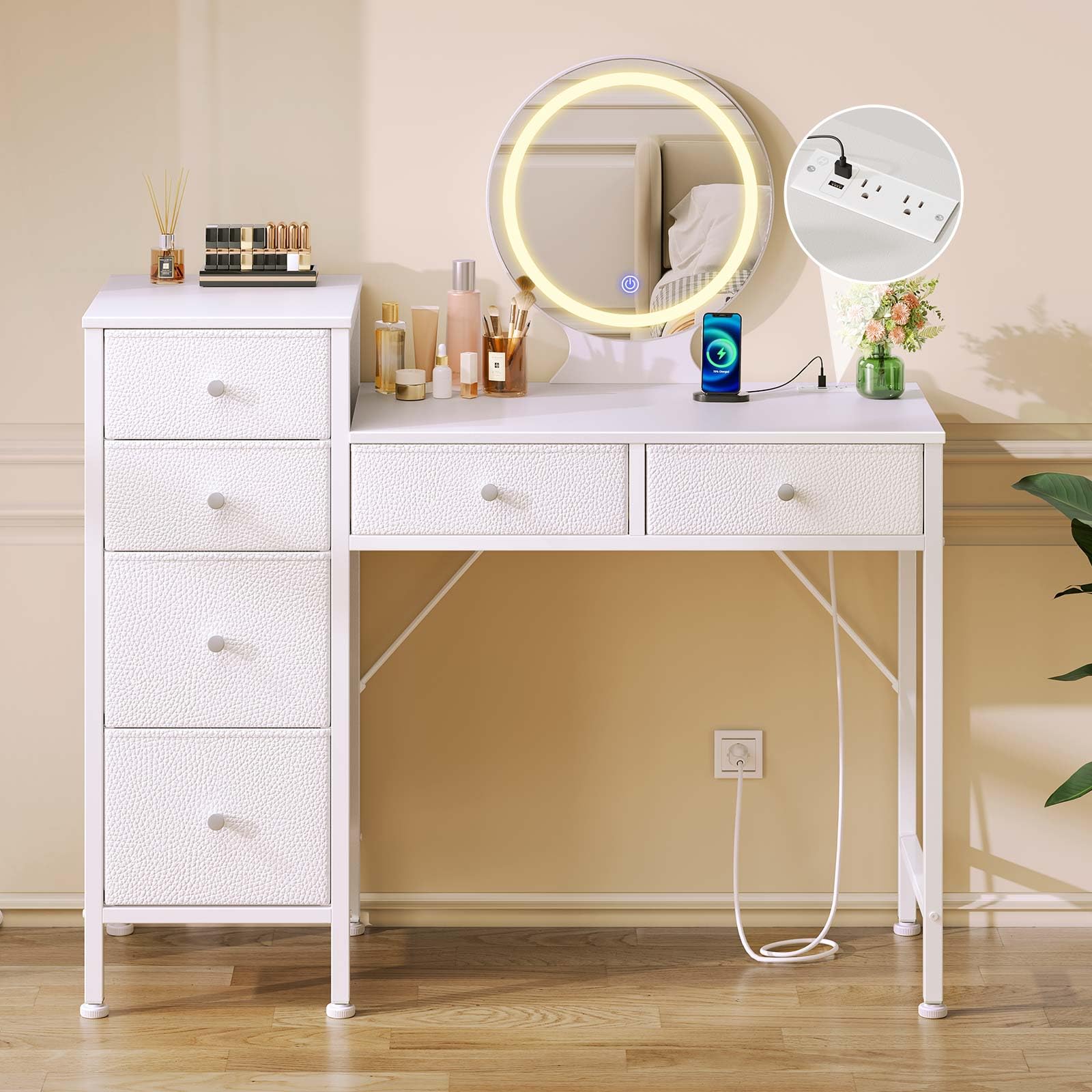 GREENSTELL Vanity Desk with Mirror and Lights, Makeup Vanity Desk with Charging Station, 6 Storage Drawers, 3 Color Modes, Dimmable, Dressing Vanity Table,Modern Bedroom Furniture, 37.6 inch, White