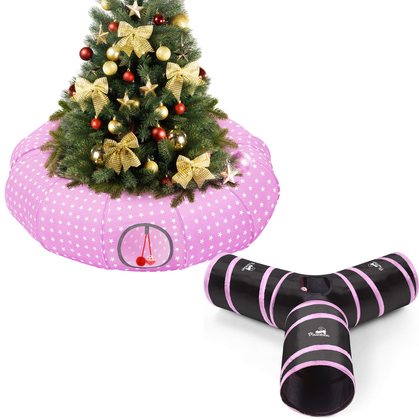 Pawaboo Cat Tunnel Bed Under Christmas Tree, 35.4'' Christmas Cat Toy Circle Tunnel with Toy Ball, Decorative Festive Foldable Kitty Tube Tunnels for Cats Small Animal, Pink