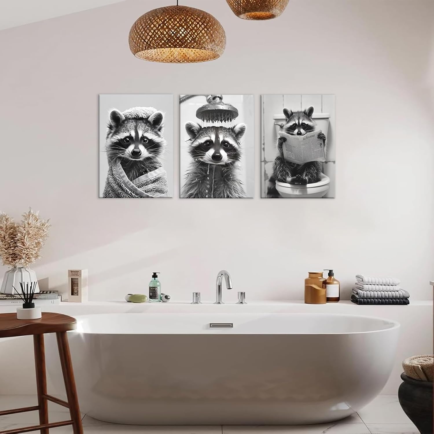 3Pcs Raccoon Bathroom Wall Art Funny Bathroom Wall Decor Black White Animal Poster Funny Raccoon on Toilet Reading Newspaper Canvas Prints Painting Picture for Bath Restroom 12X16 inch Framed - Image 4