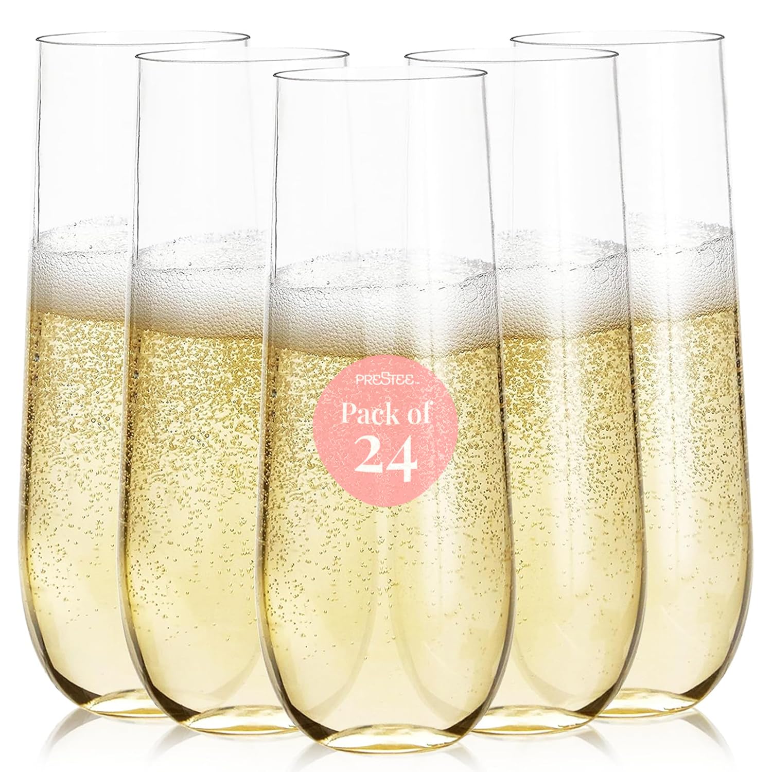 Prestee 24-Pack Stemless Champagne Flutes 9 oz - Clear Plastic Cups for Wine, Cocktails, and Mimosas - Elegant Disposable Flutes for Parties, Weddings, Birthdays, Holiday Dinners, and Celebrations