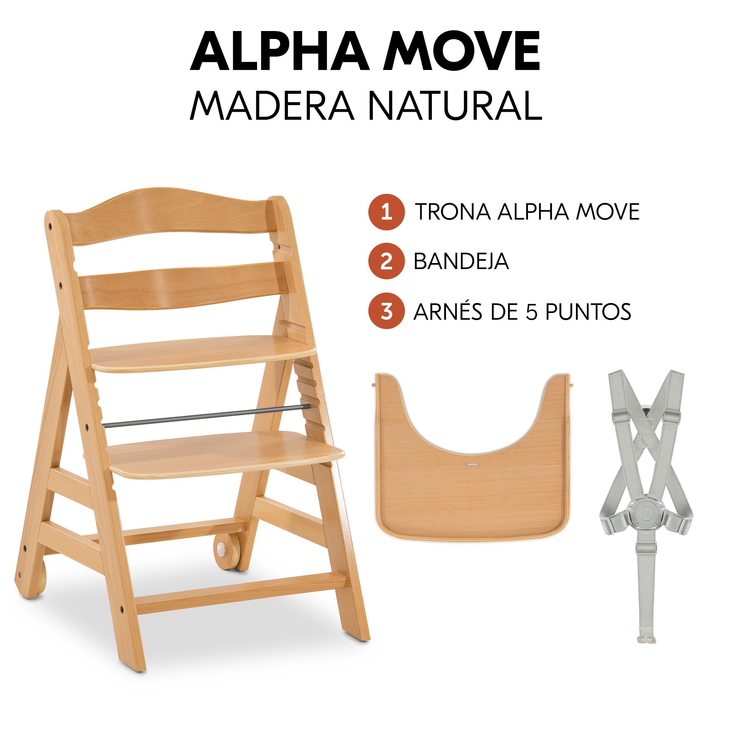 hauck Alpha Move Trona Bebe Evolutiva, Trona Evolutiva Madera con Bandeja, Ruedas y Arnés, Silla Bebe Comida desde 6 Meses, Sillas Tronas para Bebe - Natur | Trona de madera para niños a partir de 6 meses hasta 90 kg, incluye tabla de comedor, arnés de 5
