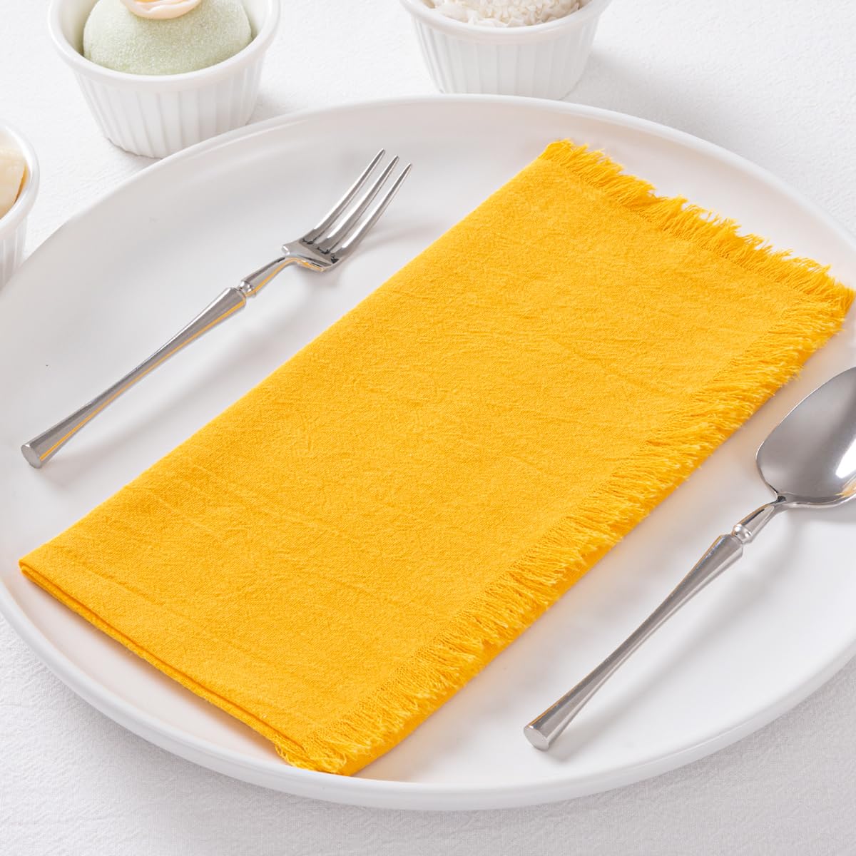 Lot de 12 Serviettes en Tissu Jaunes en Coton et Lin avec Franges Faites à la Main en Vrac pour Mariage, Thanksgiving, fête prénuptiale, Noël, Utilisation Quotidienne 45,7 x 45,7 c