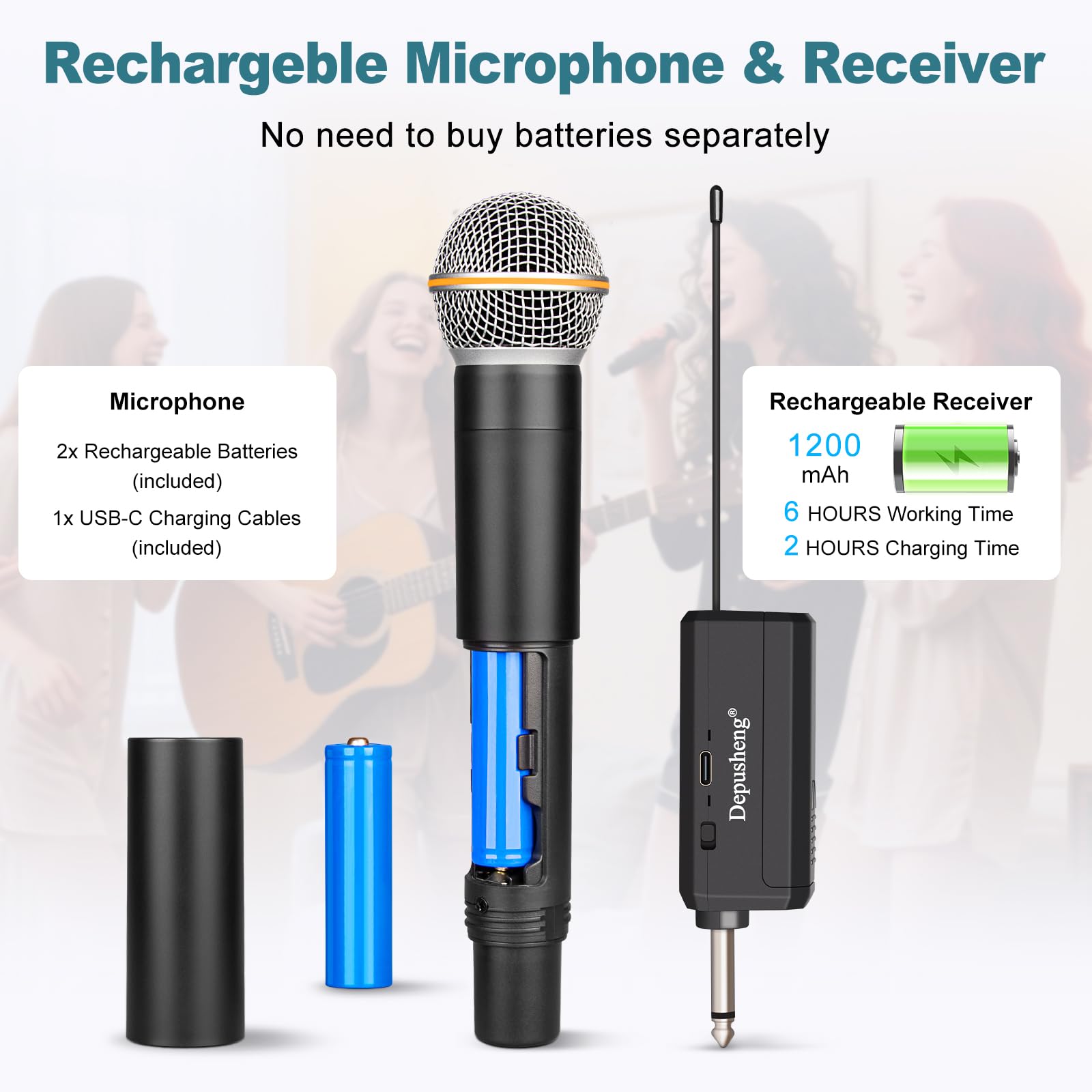 Depusheng Sistema di microfono karaoke wireless duale, set di microfono dinamico con ricevitore ricaricabile per canto, festa, DJ, matrimonio