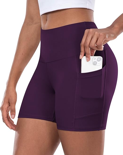 CHRLEISURE Womens Biker Yoga Shorts with Pocket, High Waisted Tummy Control 5 Inch Workout Spandex Athletic Gym Shorts