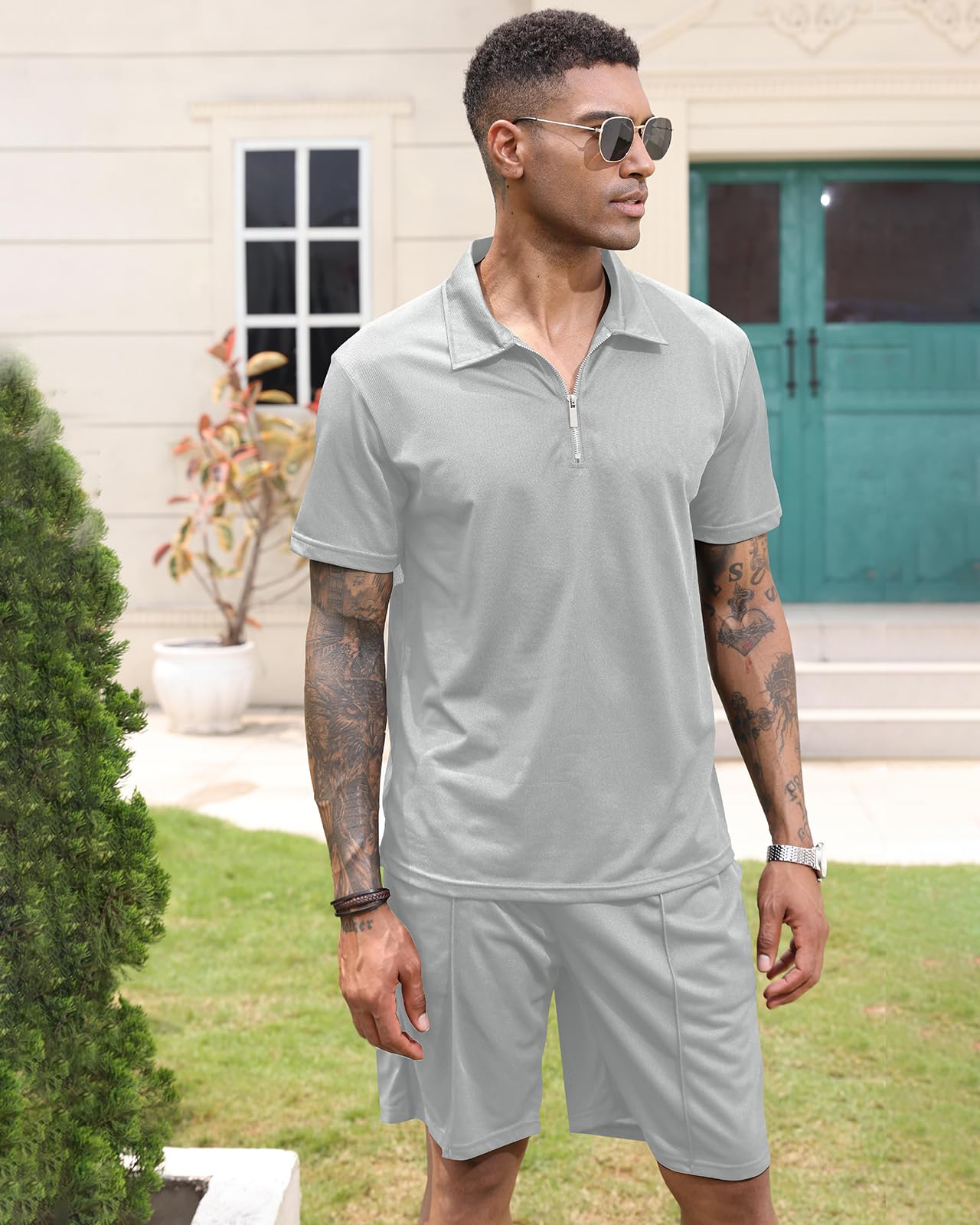PRIVIMIX Hommes Survêtement d'été 2 Pièces Manches Courtes T-shirts Polo Jogging Ensemble de Chemises Pantalon court Business Tenue de Loisir