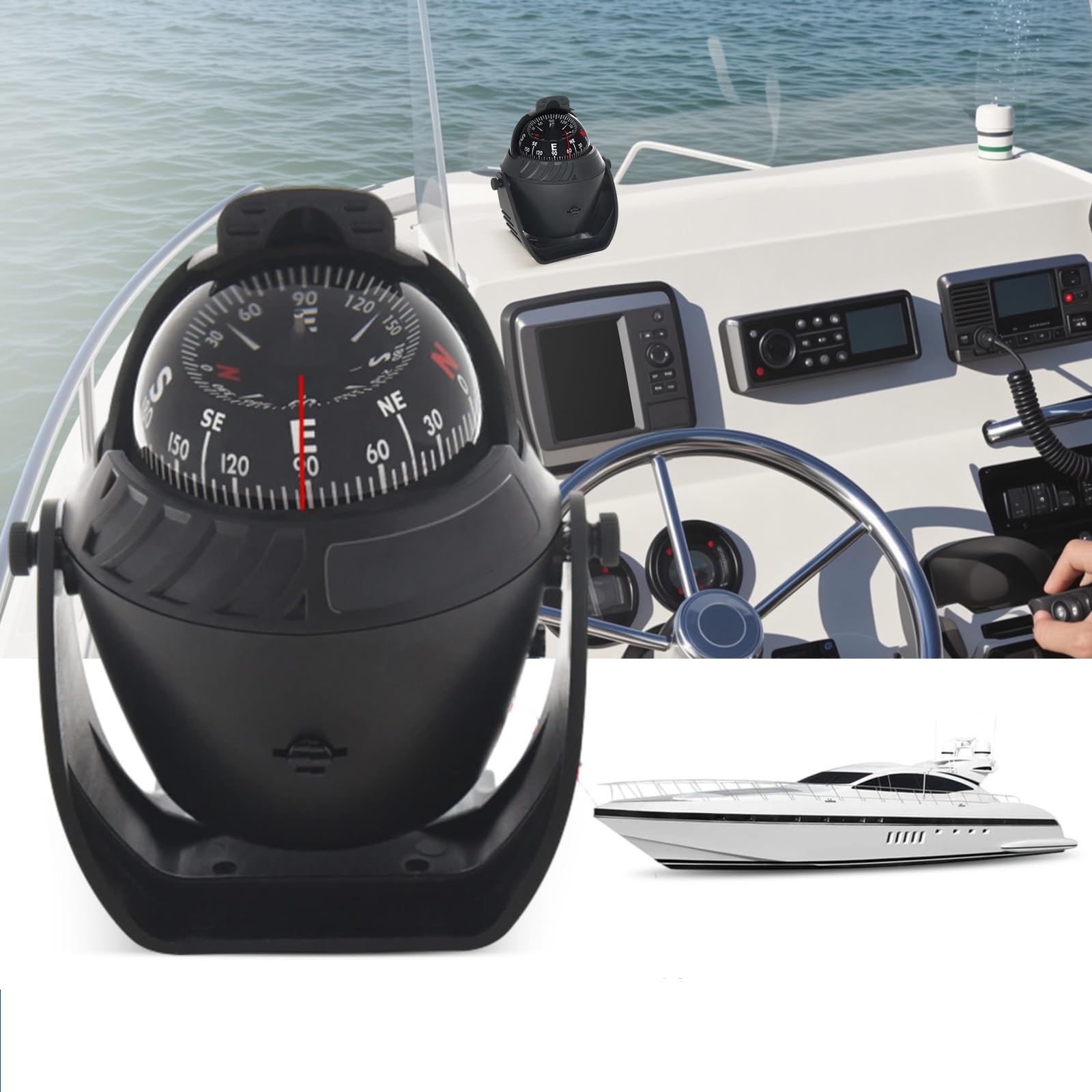 Riloer Car Boat Compass, Navigation Compass High Precision ABS Marine Compass with LED Light, Waterproof for Car, Boat, Outdoor Travel, Hiking, Mountaineering (Black)
