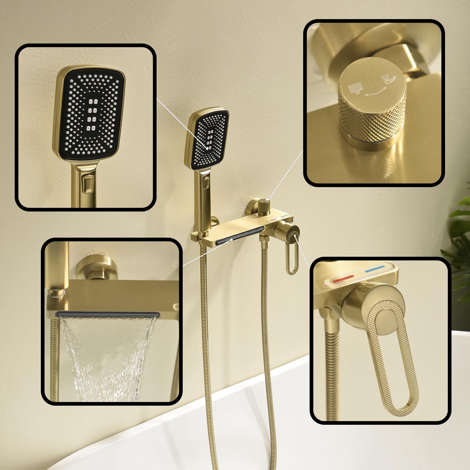 XJTNLB Robinet de Baignoire avec Douchette Mitigeur Douche Or Brossé, Mitigeur Cascade Baignoire Robinet Bain Douche Mural en Laiton